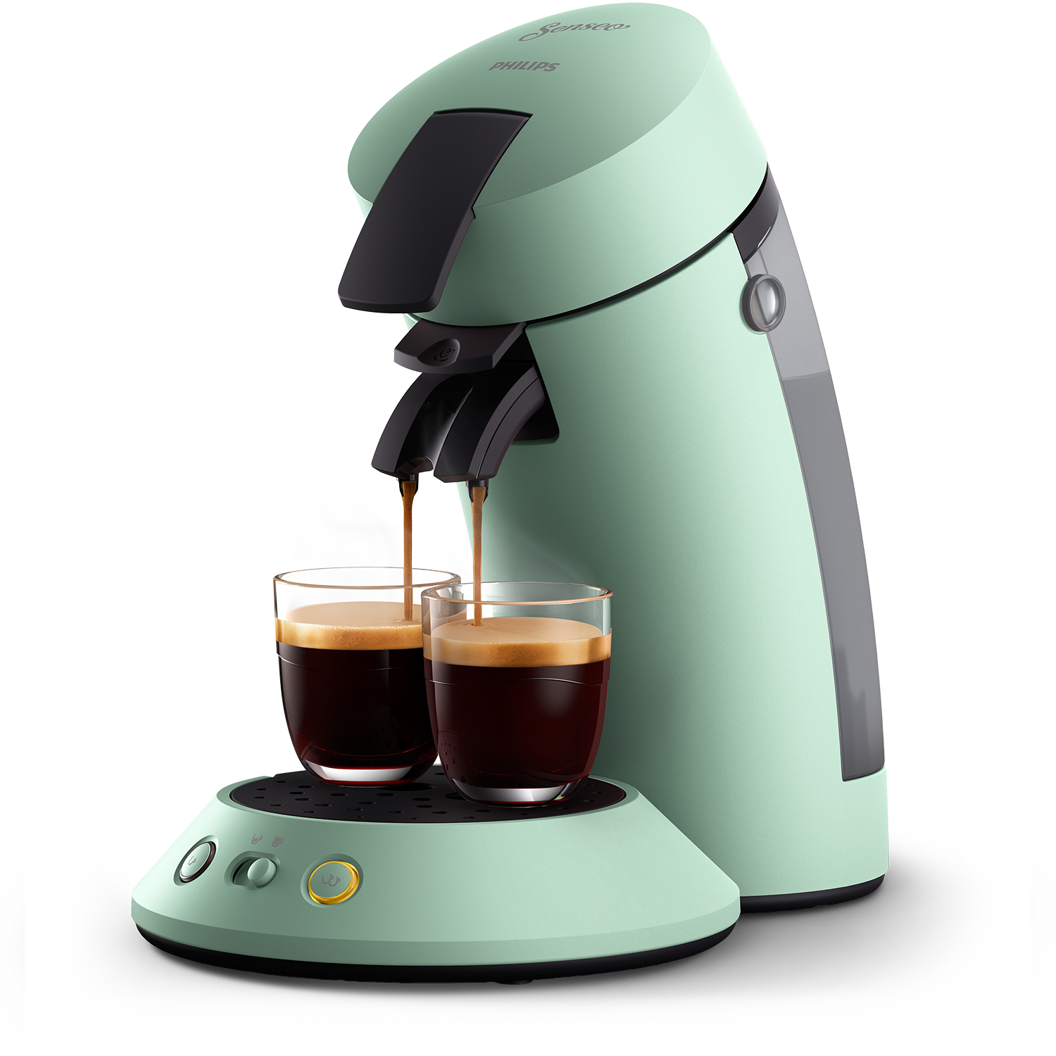 Minzgrüne Philips Senseo Kaffeemaschine mit zwei Gläsern, die sich mit Kaffee füllen, auf weißer Oberfläche.
