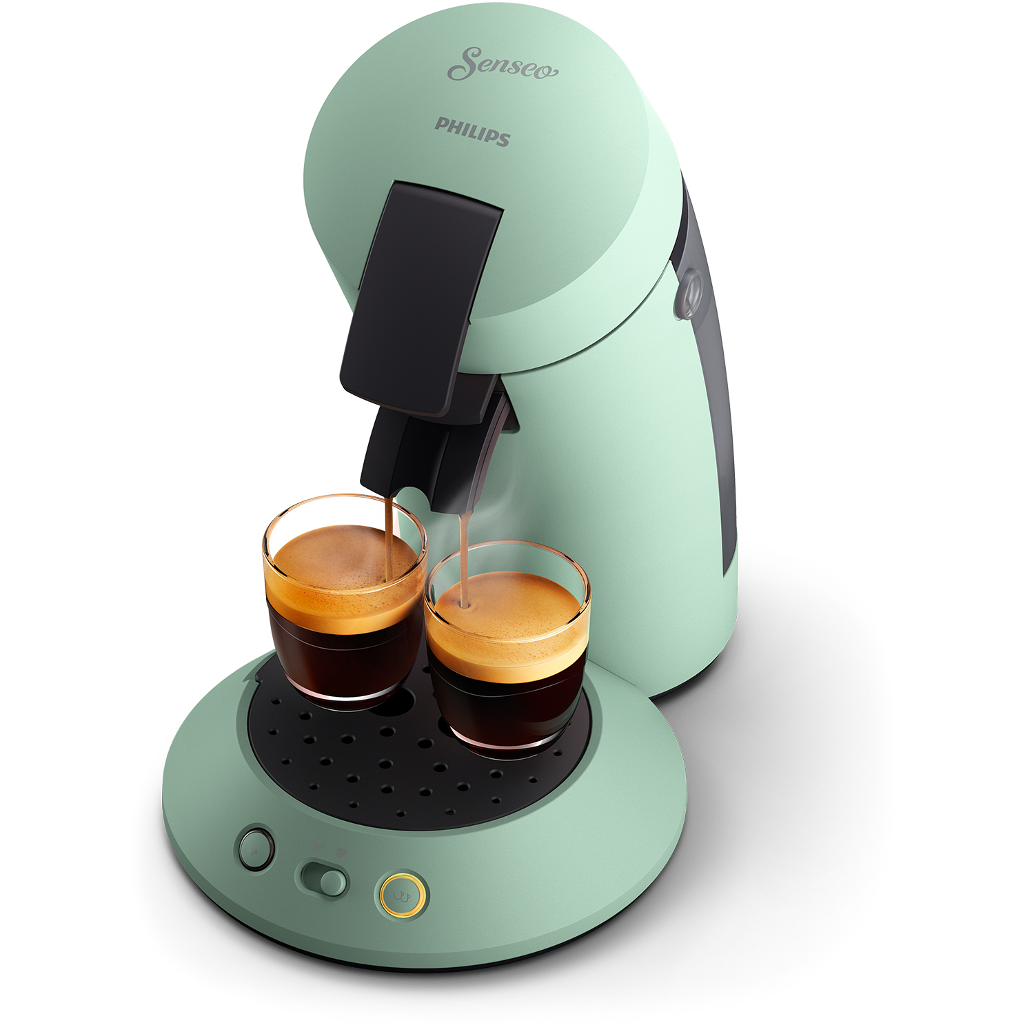 Minzgrüne Senseo-Kaffeemaschine mit zwei Gläsern, die mit Kaffee gefüllt werden.