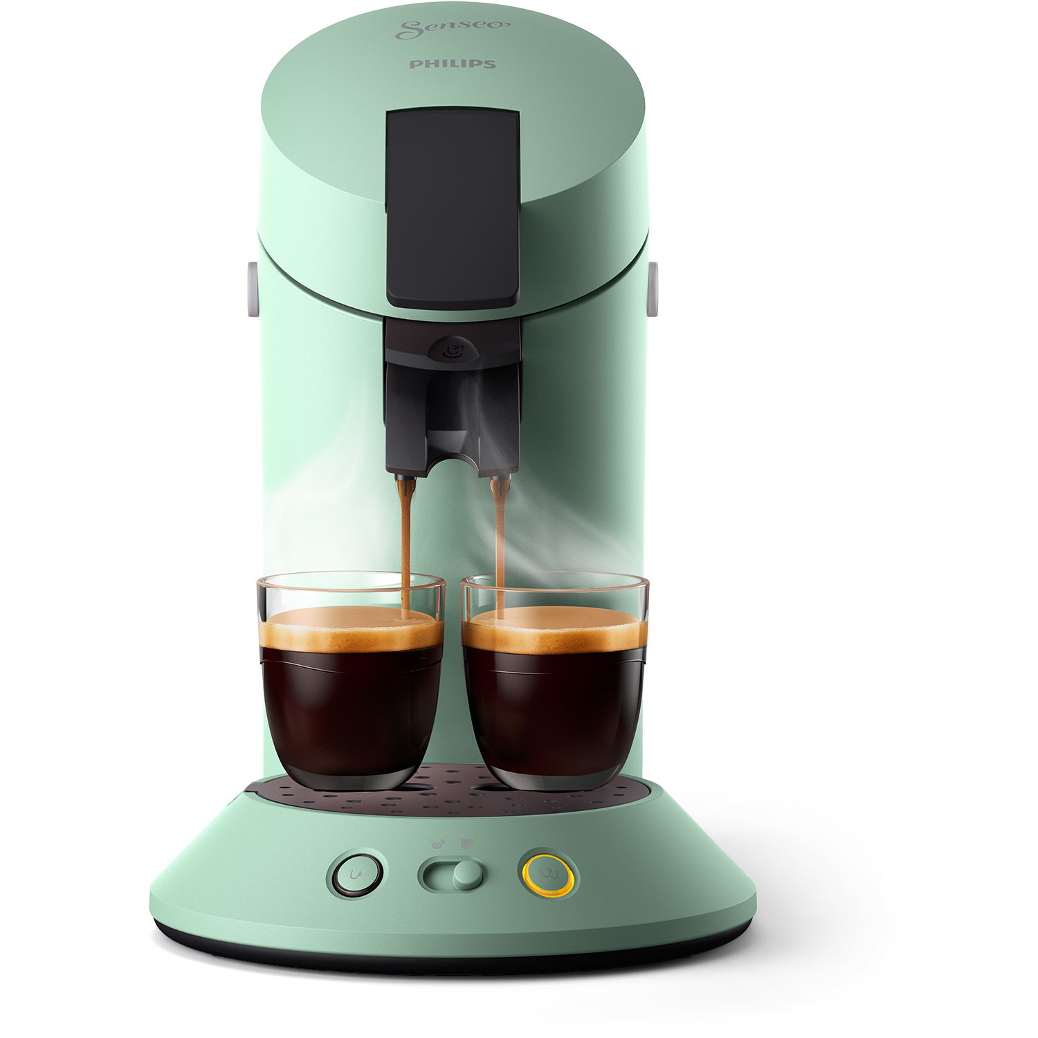 Eine mintgrüne Kaffeemaschine. Zwei Gläser mit Kaffee werden gefüllt. Weißer Hintergrund.