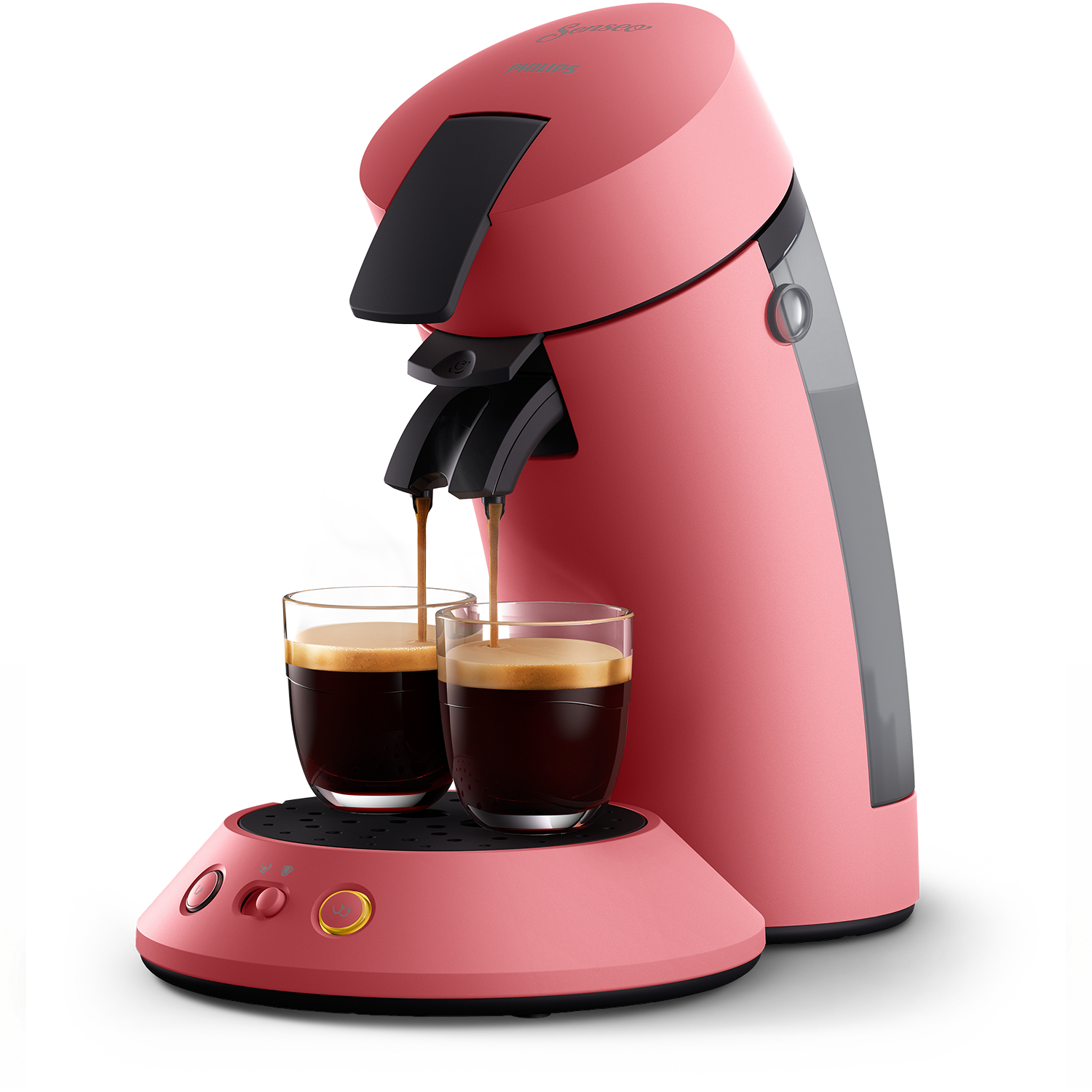Rosa Philips Senseo Kaffeemaschine. Kaffee fließt in zwei Gläser auf der Basis.