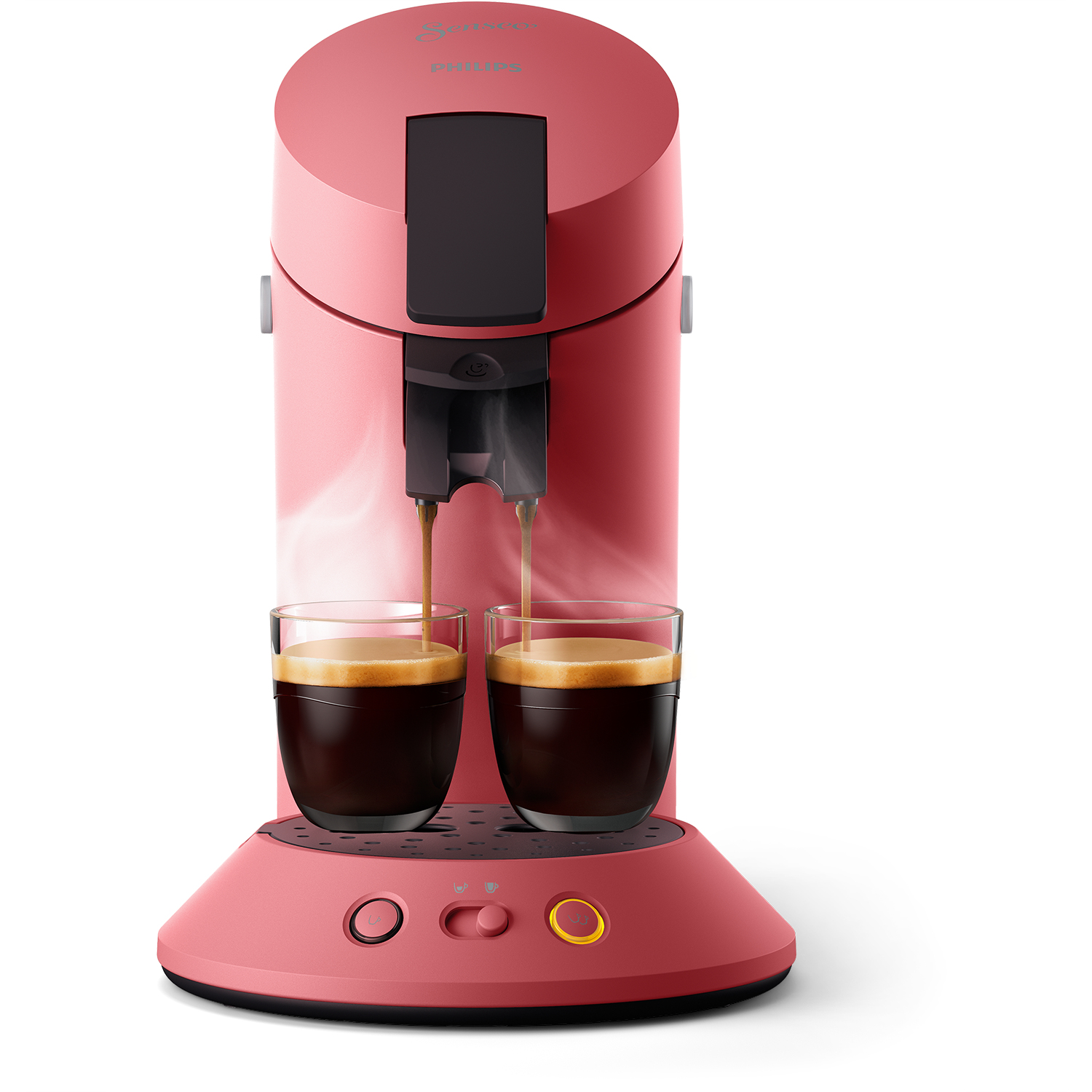 Rosa Philips Senseo Kaffeemaschine mit zwei Kaffeetassen.