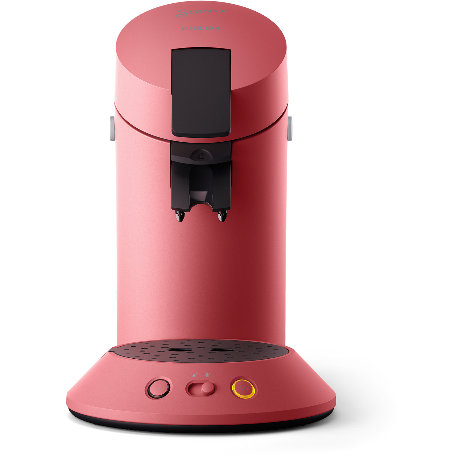 Rosa Kaffeemaschine auf weißem Hintergrund. Es hat Knöpfe und zwei Ausläufe.
