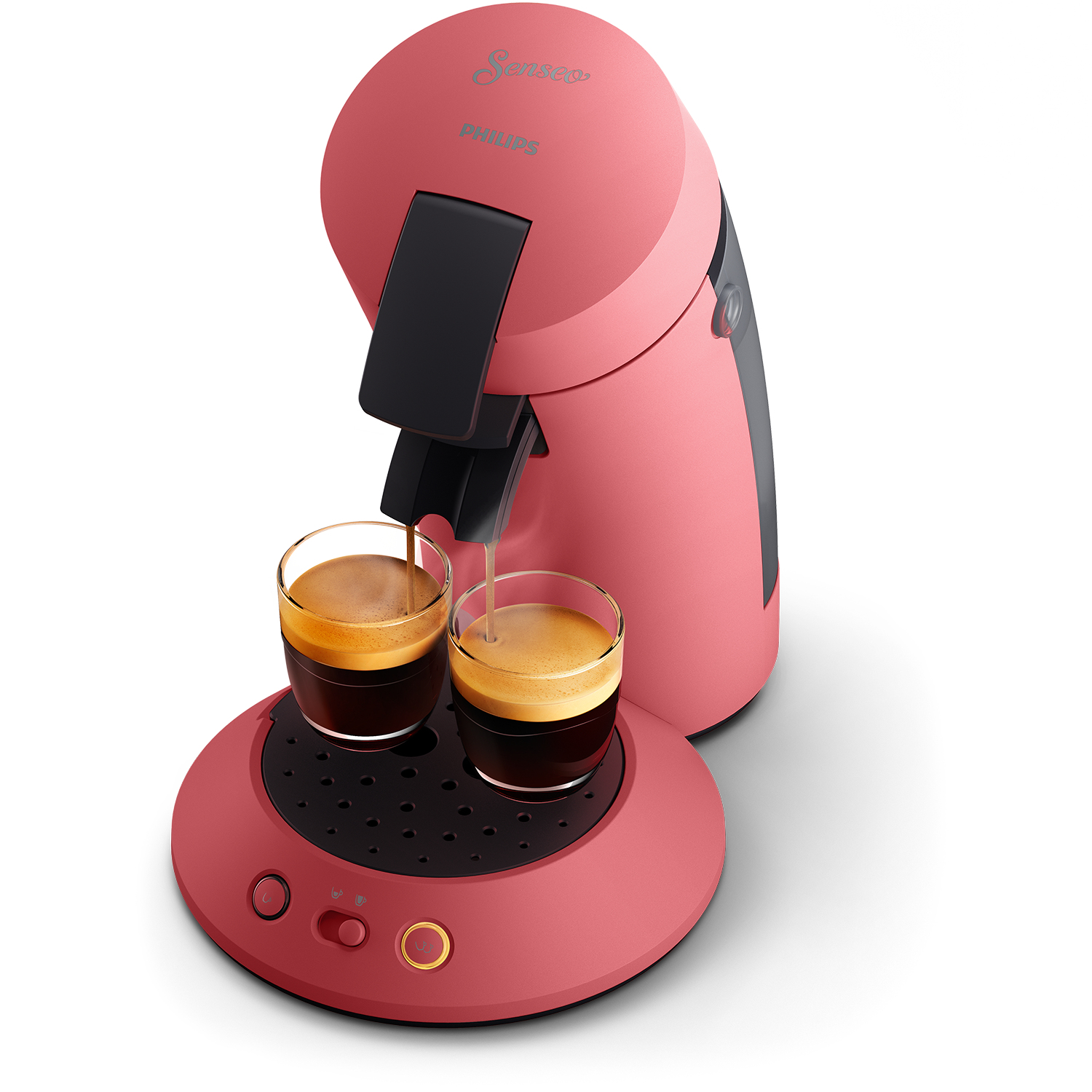 Eine rosa Kaffeemaschine mit zwei Gläsern, die mit Kaffee gefüllt sind.