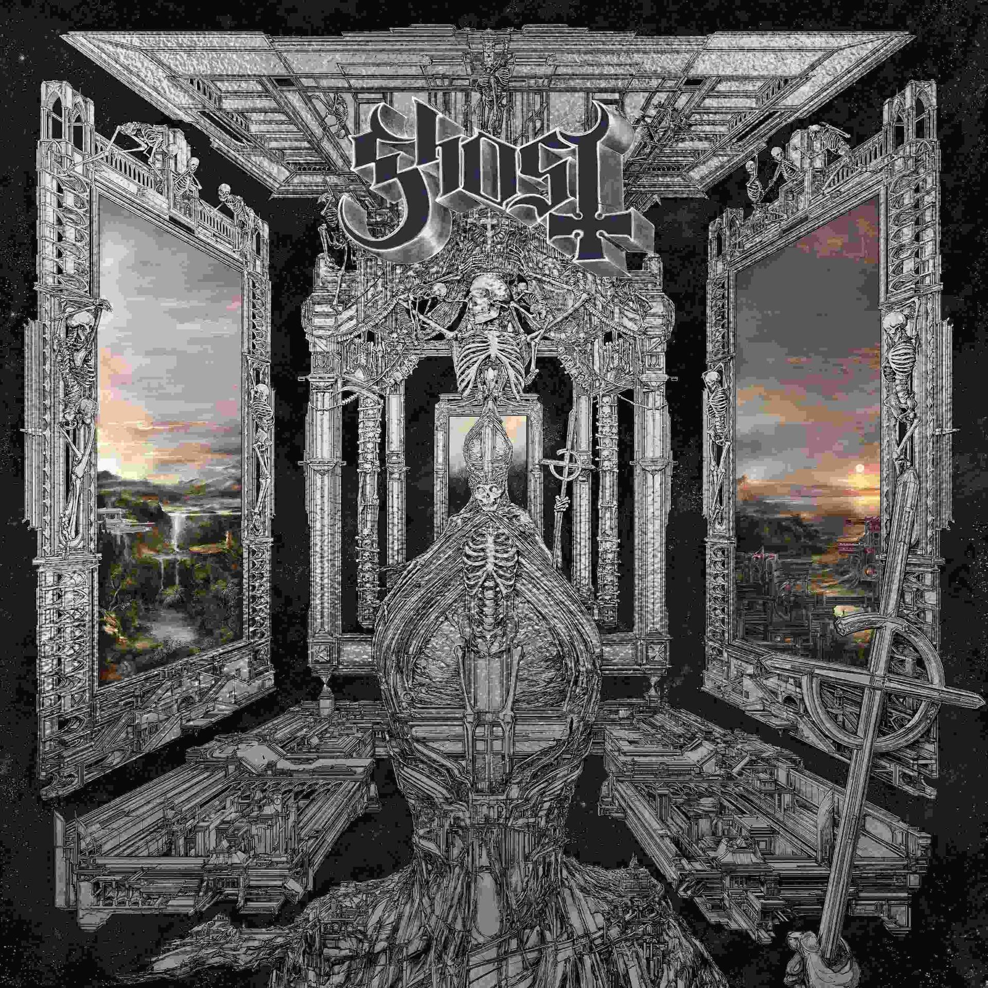 Pochette d'album avec une figure de squelette sur un trône, architecture gothique et paysage.
