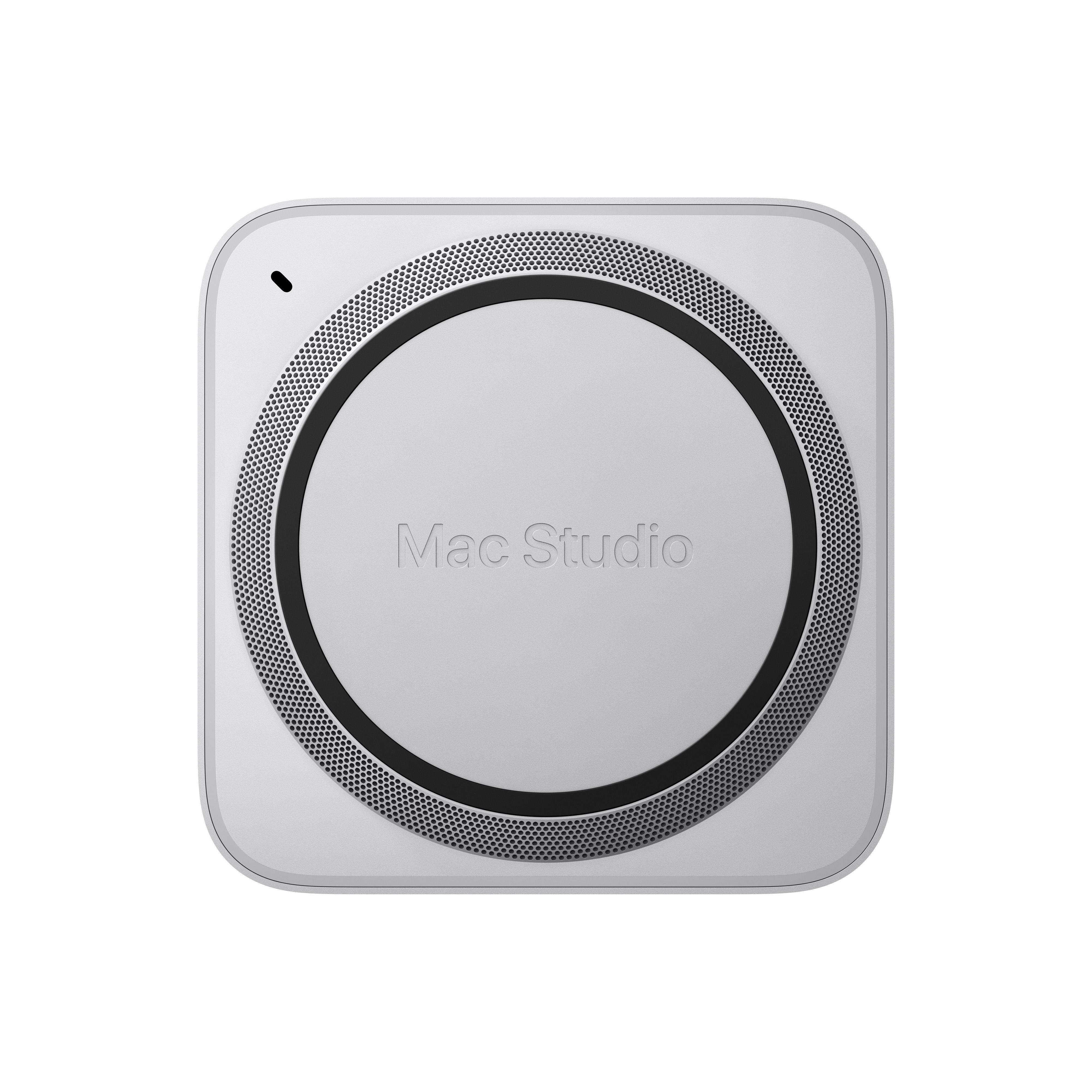 Mac Studio, üstten görünüm, ortada dairesel bir ızgara ve siyah bir üst kısım ile gümüş renginde.
