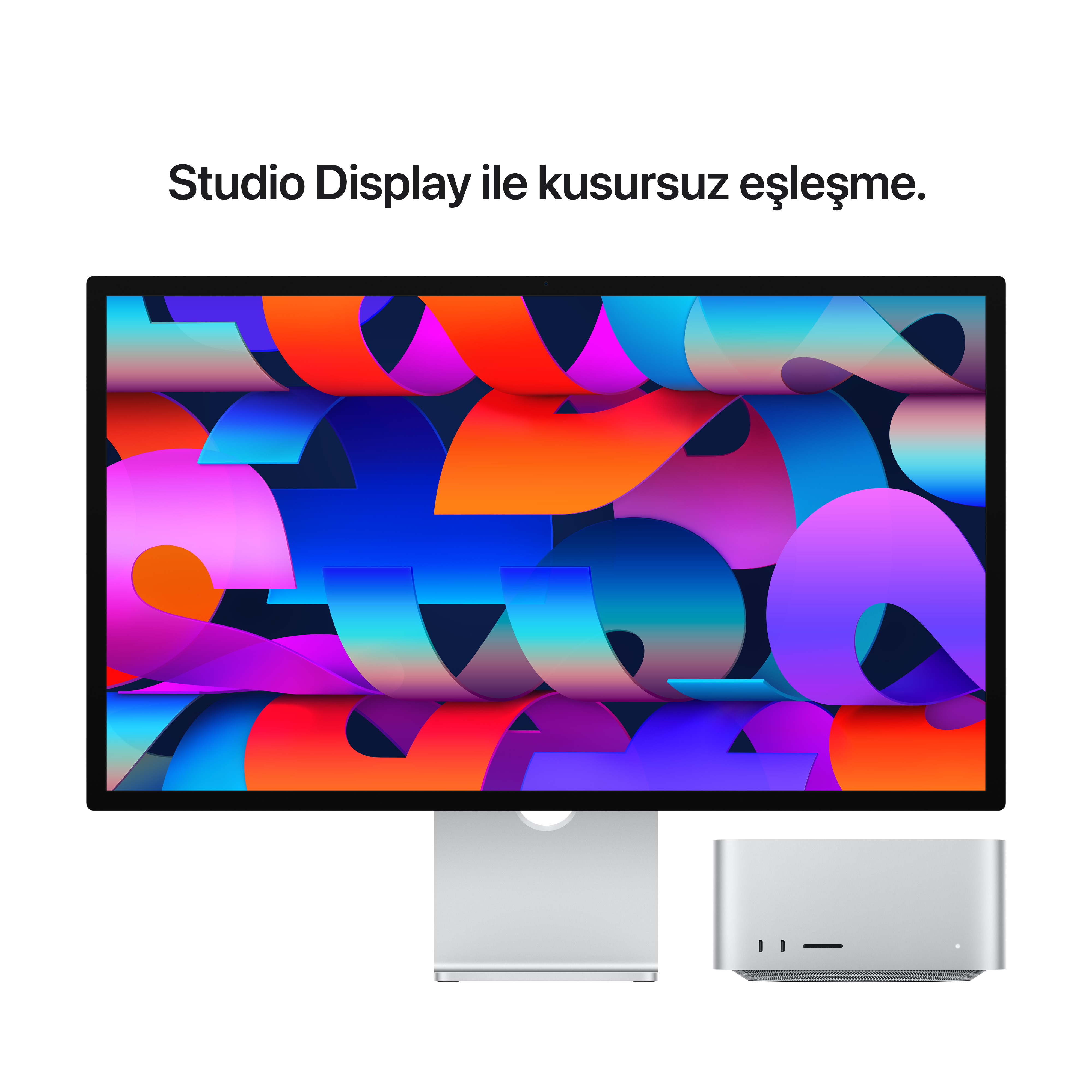 Studio Display ve Mac Studio, monitörde renkli soyut bir görüntüyle.