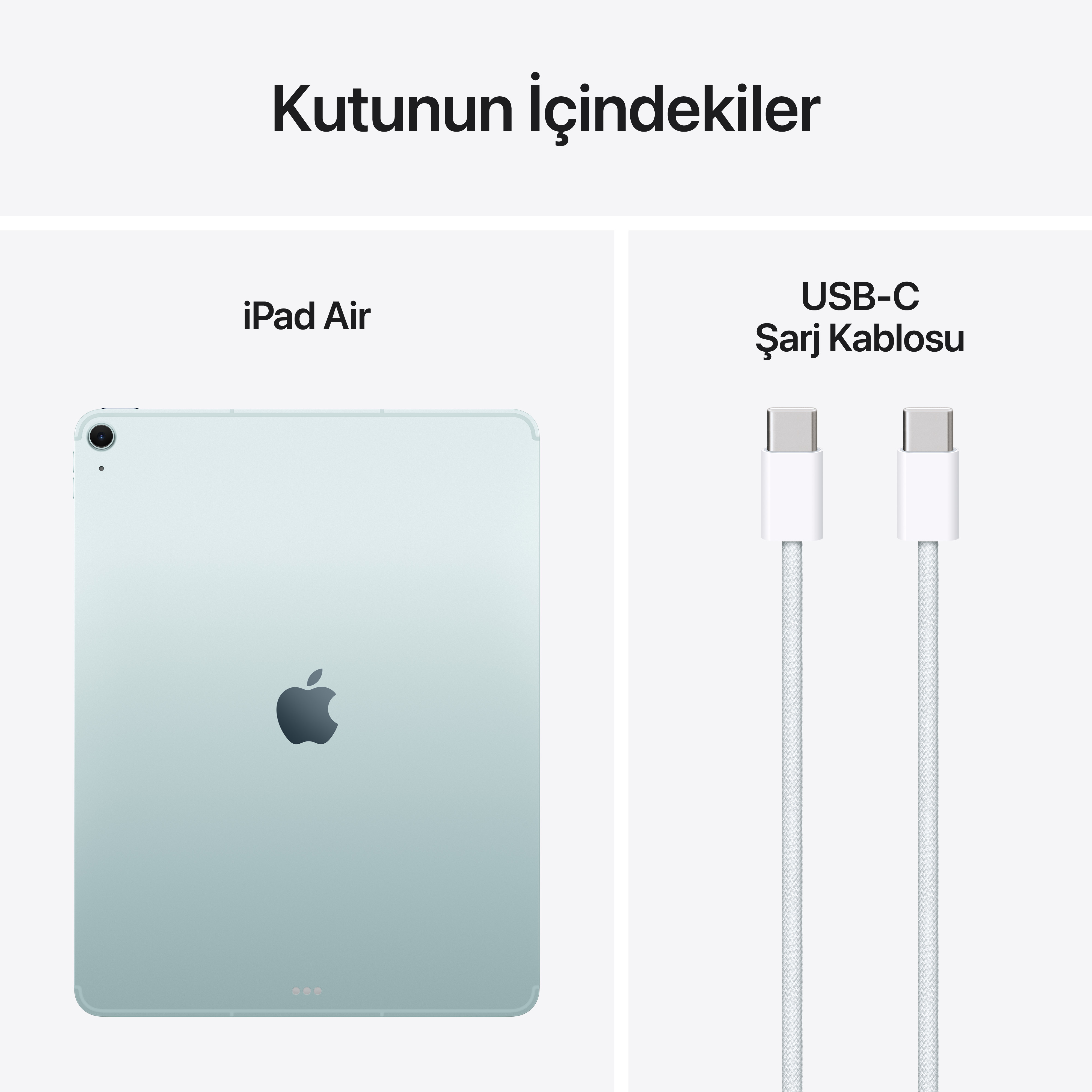Görüntü, beyaz bir arka plan üzerinde bir iPad Air ve bir USB-C şarj kablosu gösteriyor.