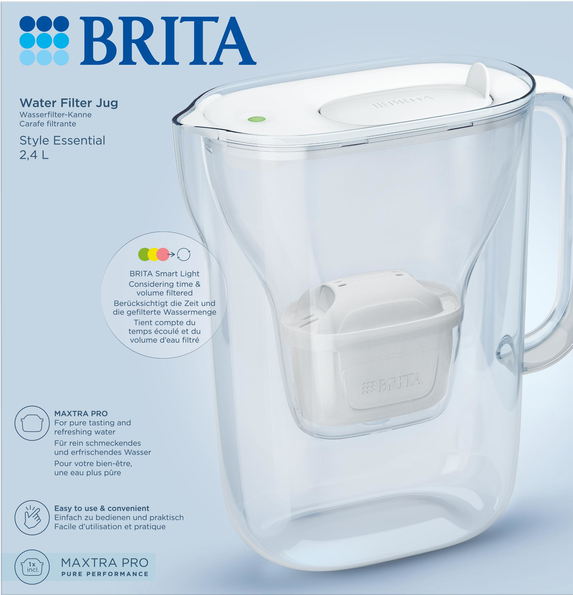 Brita Wasserfilterkanne mit Text und Funktionen.
