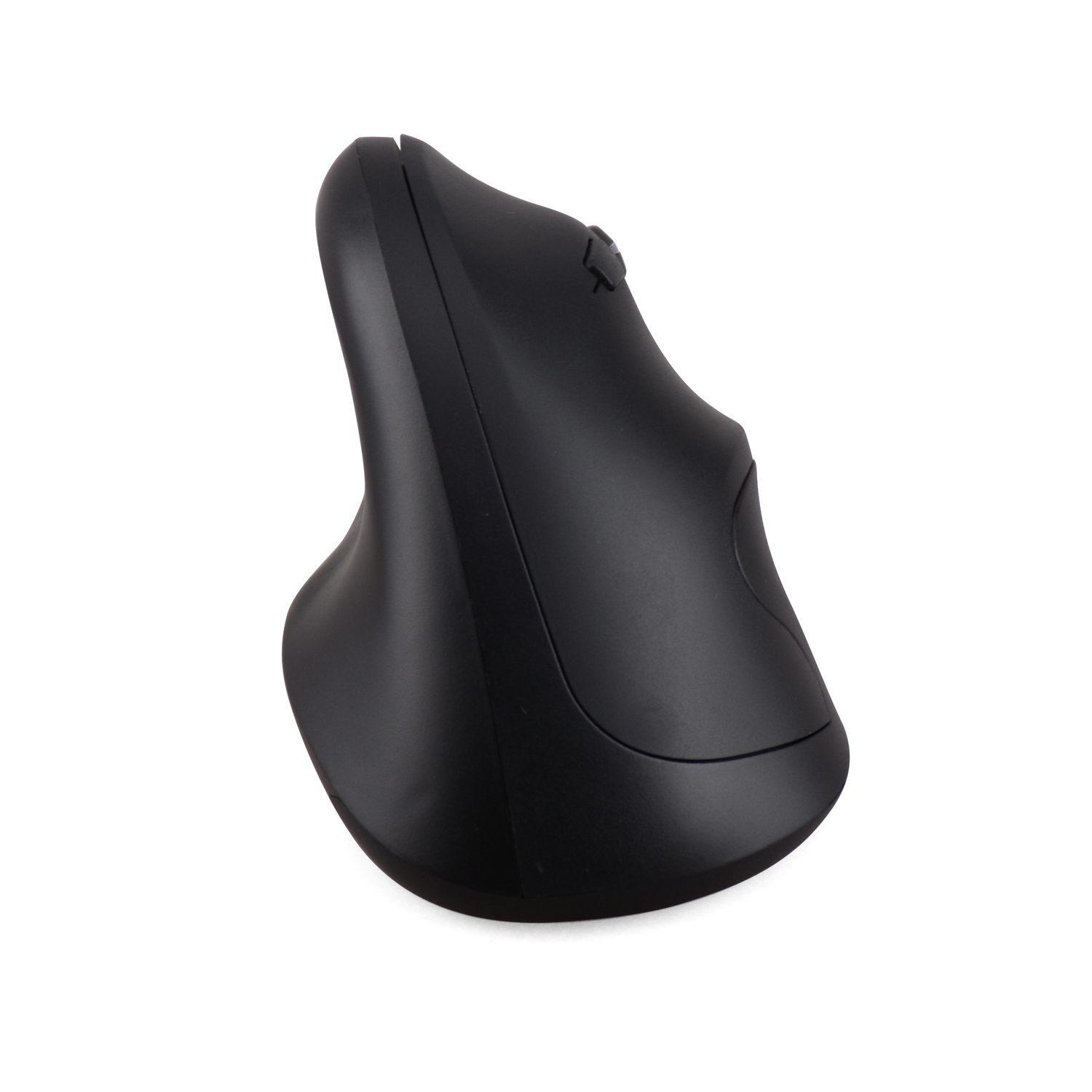 A black vertical mouse with a curved design, suitable for ergonomic use. White background.