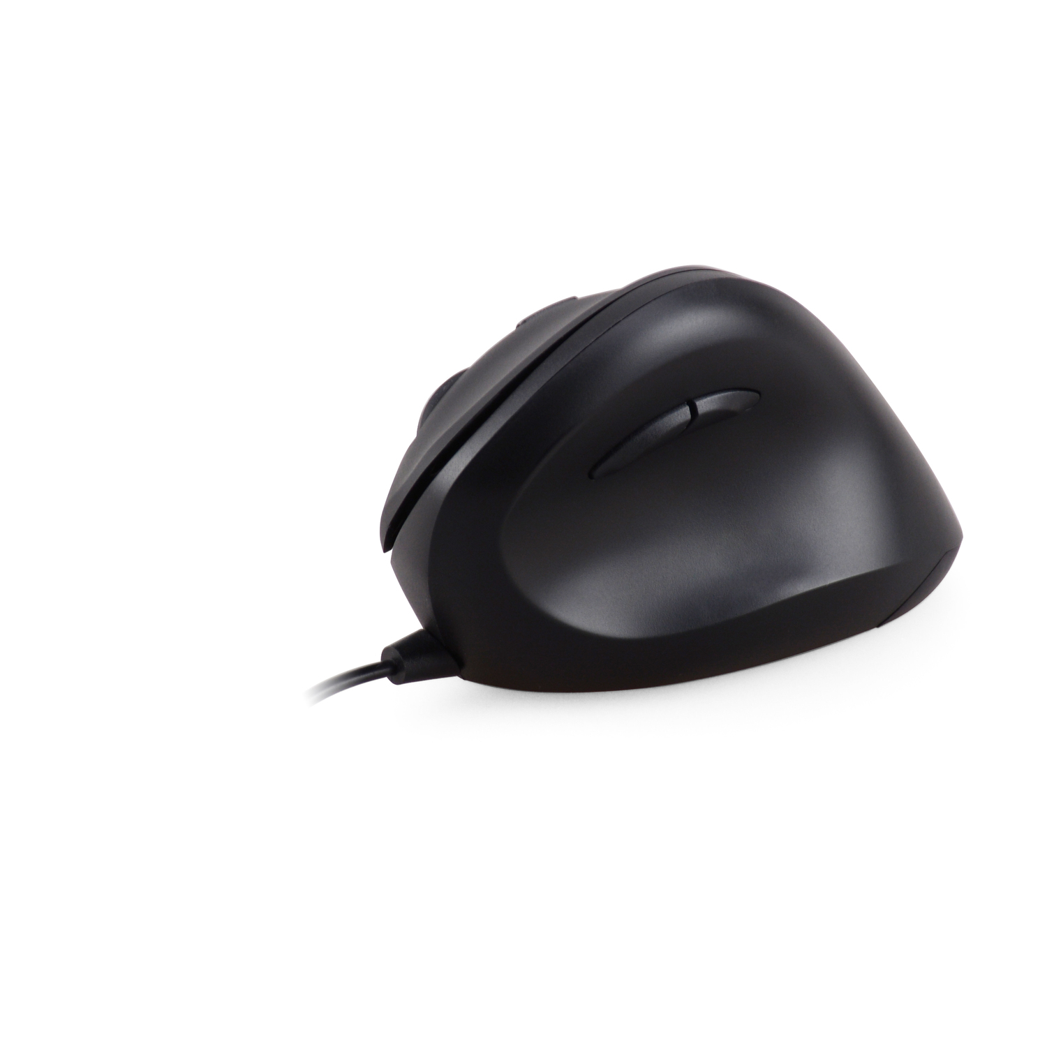 Black computer mouse on a white background. The mouse has a cord.