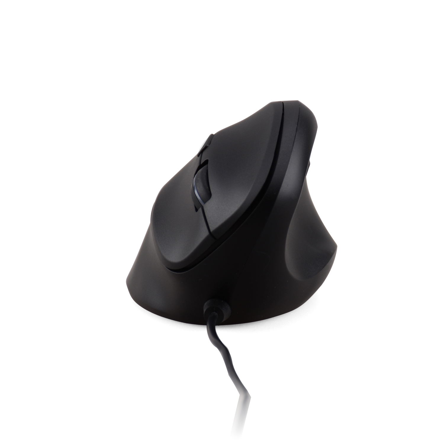 A black ergonomic mouse. White background.