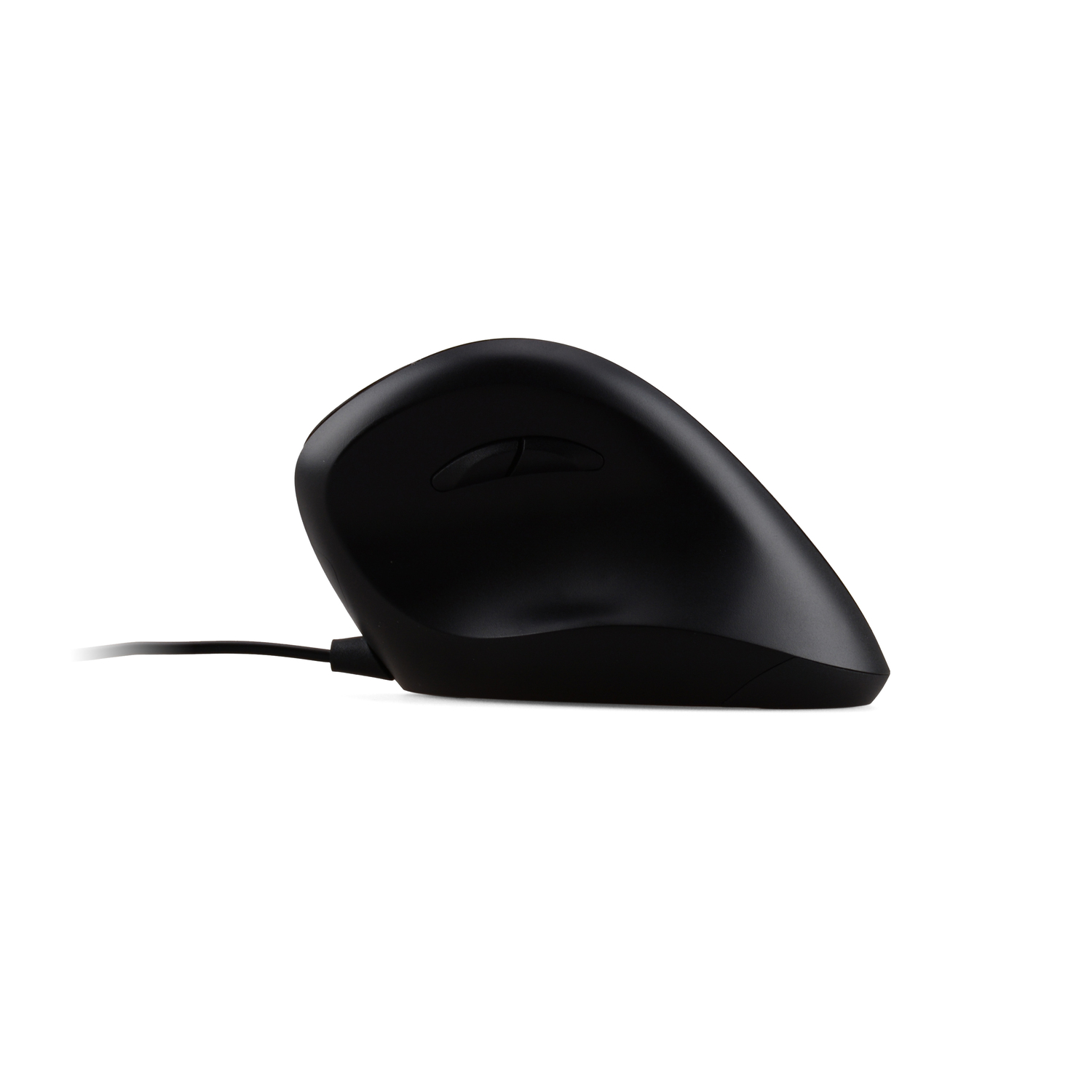 Black ergonomic computer mouse with two buttons and a scroll wheel.