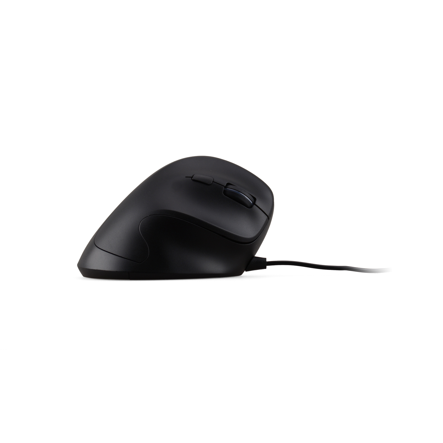 A black ergonomic mouse on a white background, with a wire attached.