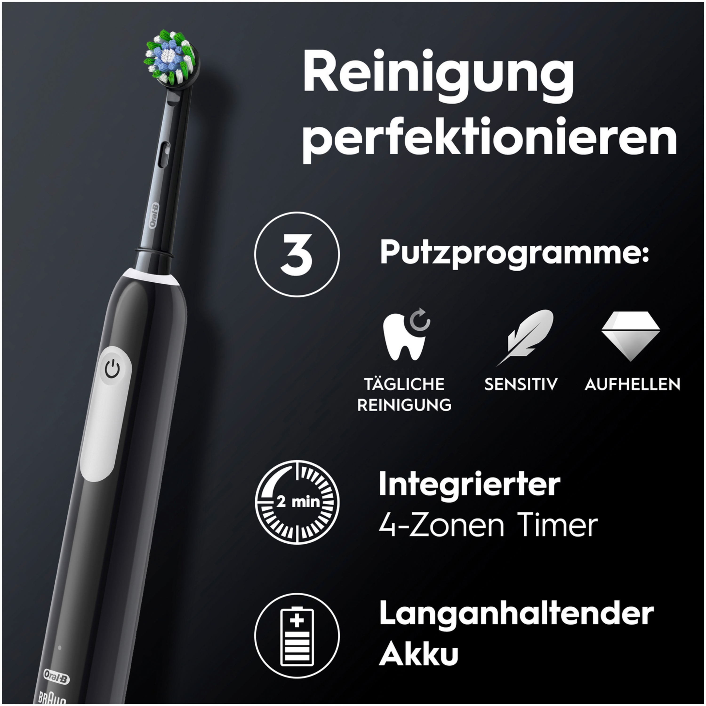 Eine schwarze elektrische Zahnbürste mit 3 Reinigungsmodi und einem Timer.