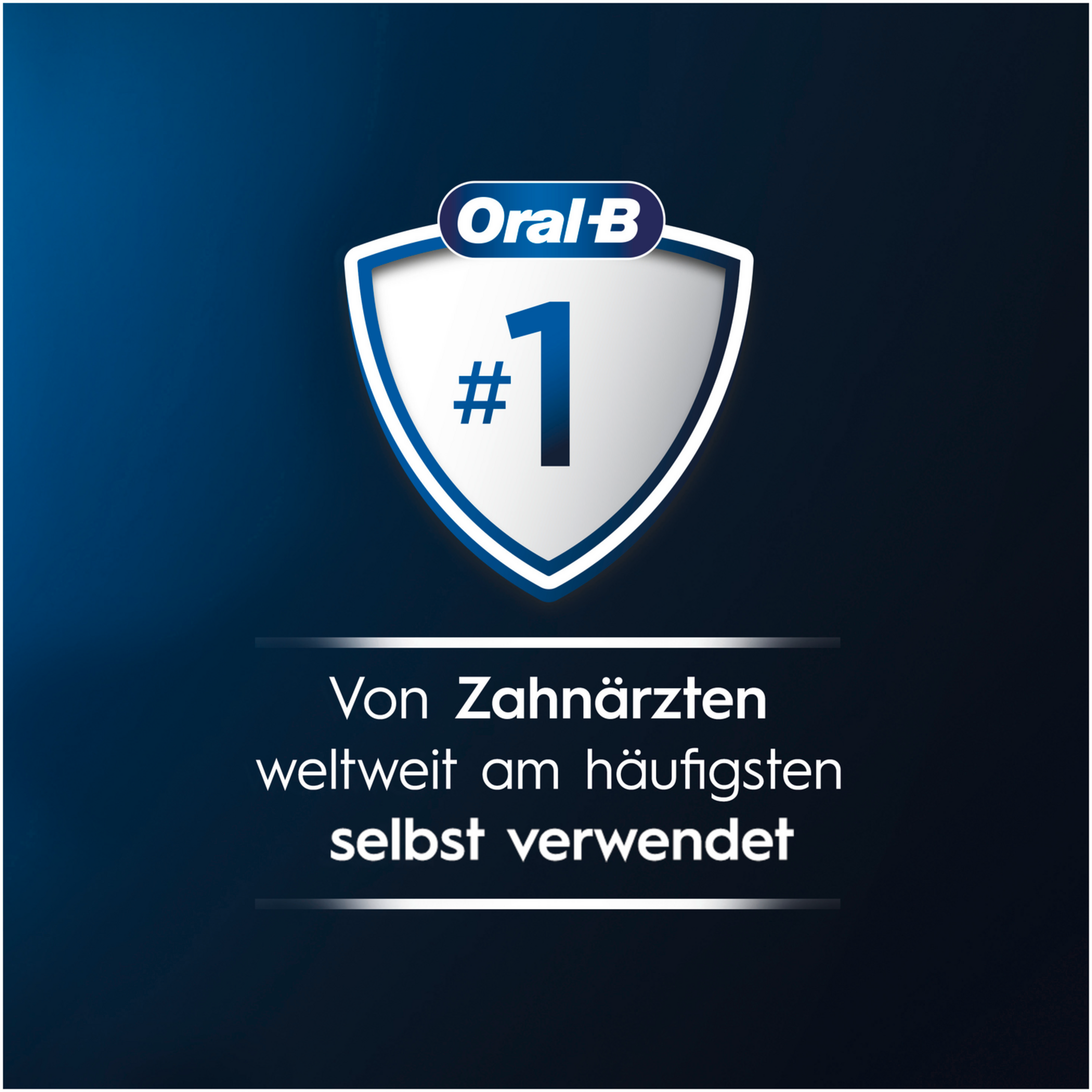 Oral-B-Logo mit Nummer eins und deutschem Text: 'Von Zahnärzten weltweit am häufigsten selbst verwendet'.