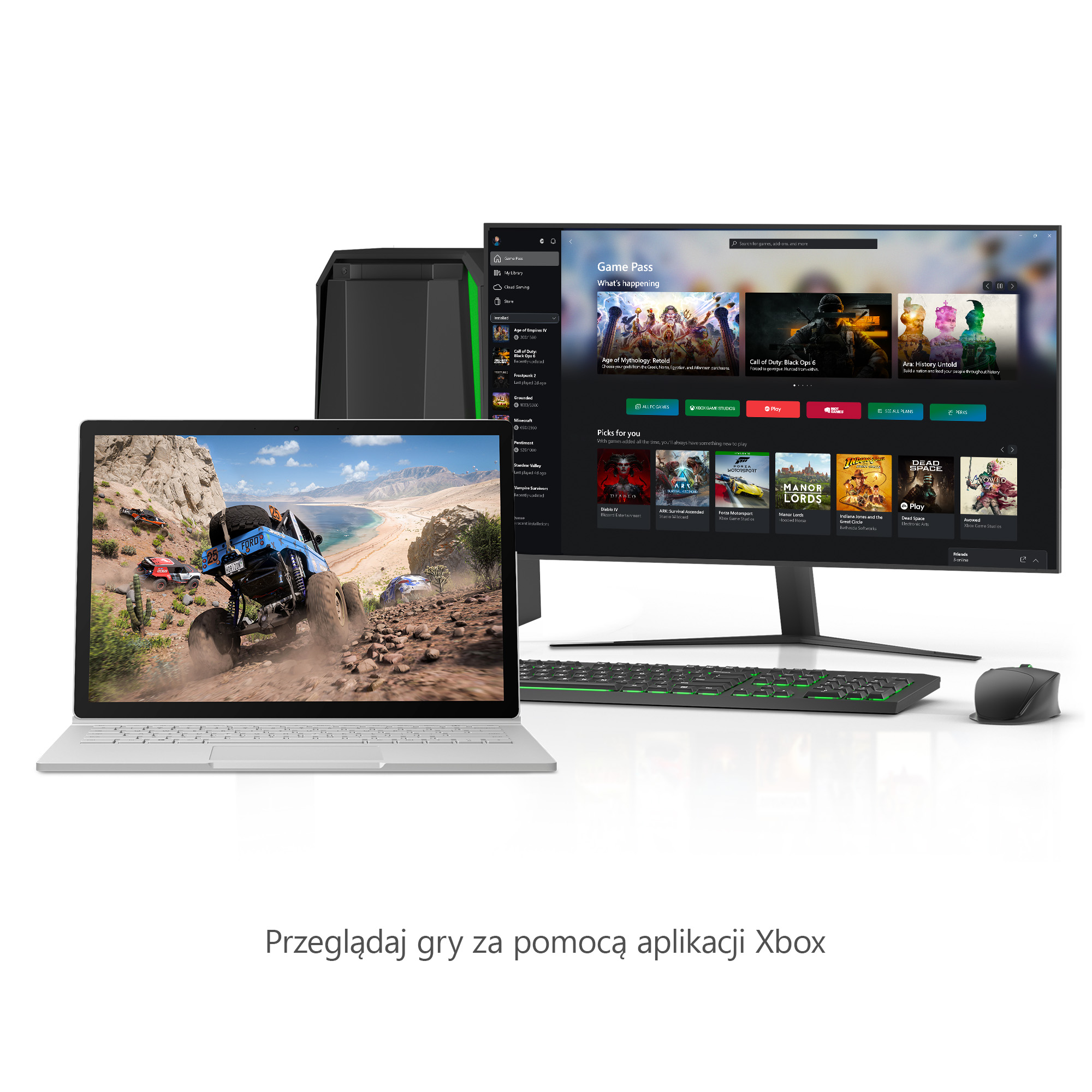 Wyświetlane są laptop, komputer stacjonarny i konsola Xbox, pokazujące interfejs gry.