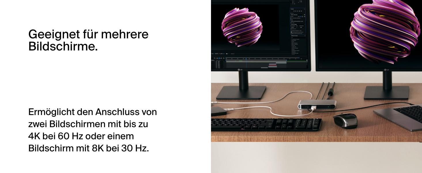 Ein Multiport-Adapter mit einem schwarzen Kabel mit zwei Bildschirmen.