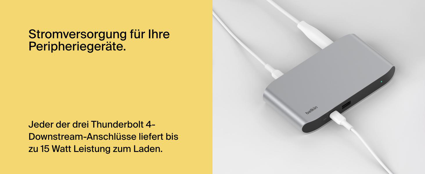 Silberner Hub mit weißen Kabeln auf gelbem Hintergrund. Text: "Stromversorgung für Ihre Peripheriegeräte."