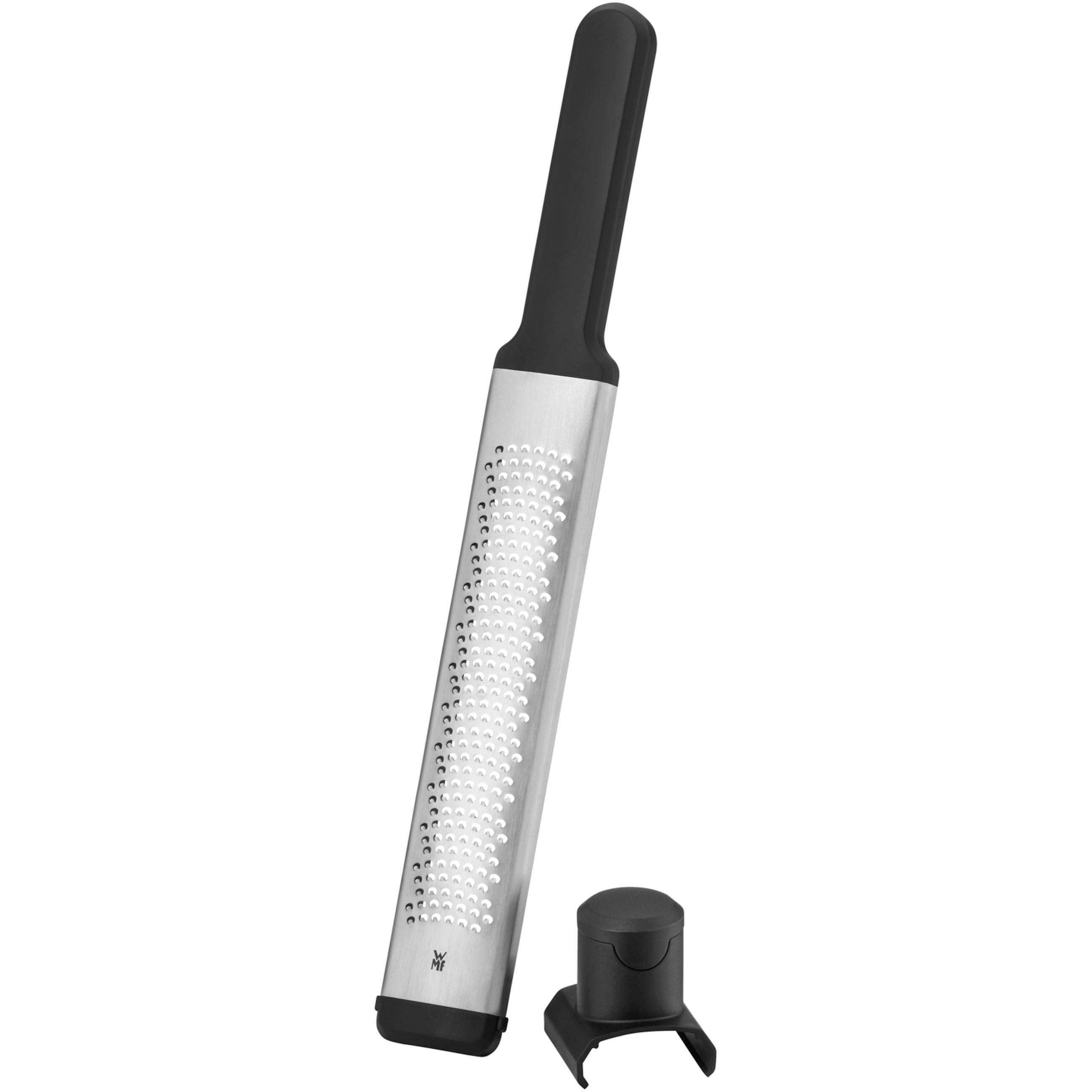 Edelstahlreibe mit schwarzem Griff und schwarzer Schutzkappe.