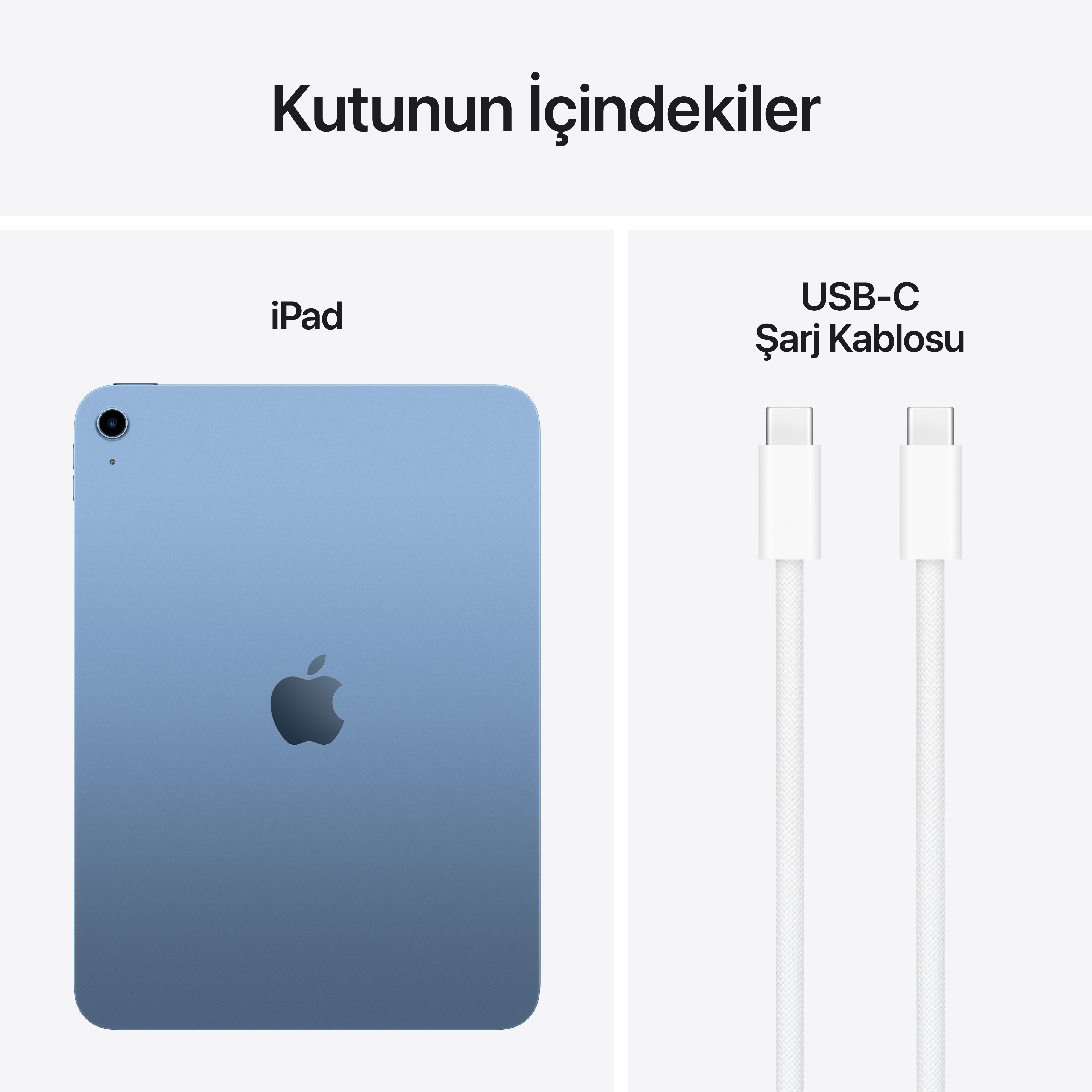 Mavi bir iPad ve beyaz bir USB-C şarj kablosu beyaz bir arka plan üzerinde. Apple logosu mevcut.