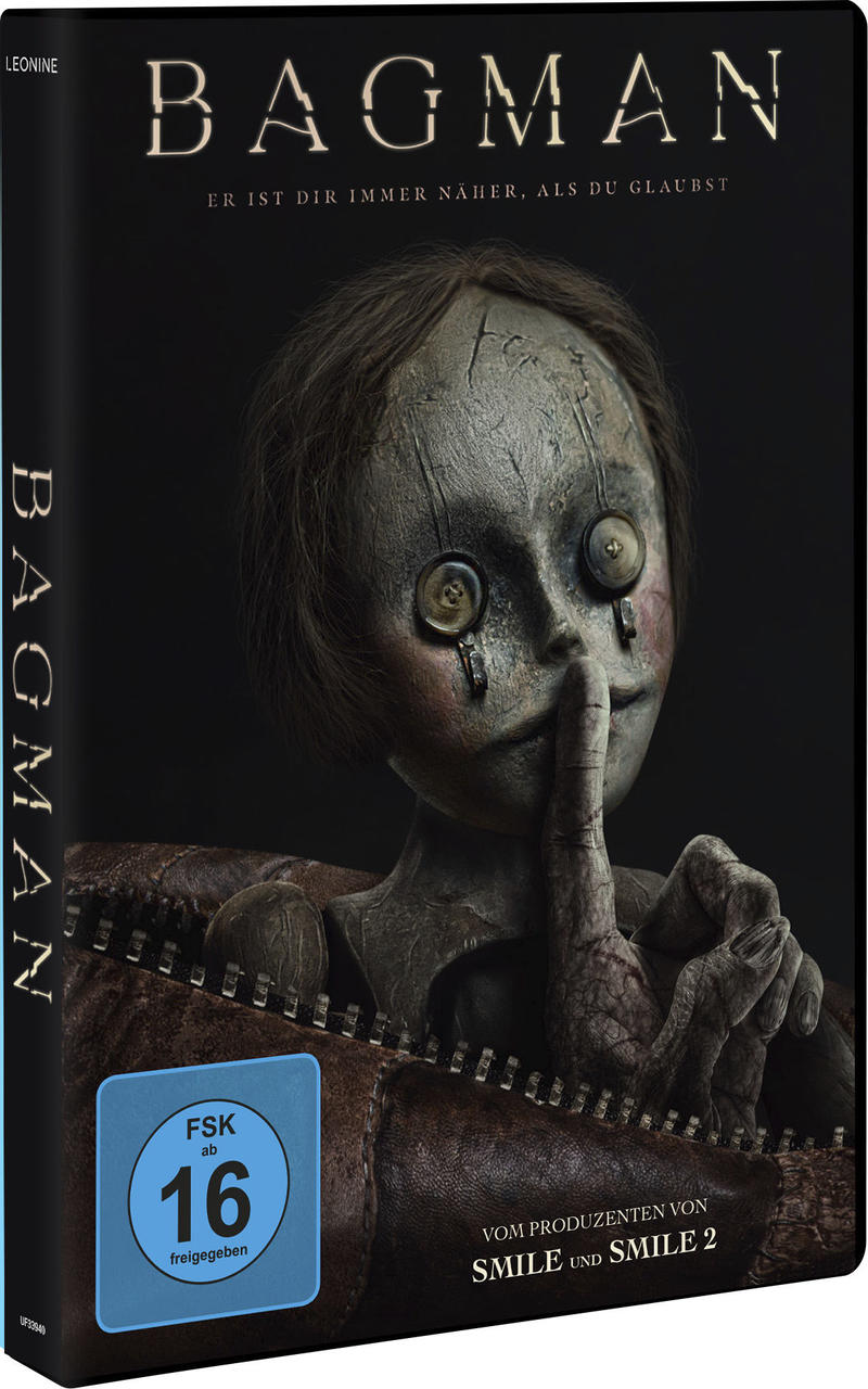 DVD-Cover für den Film 'Bagman' mit einer gruseligen Puppe mit Knopfaugen und Reißverschlussmund.