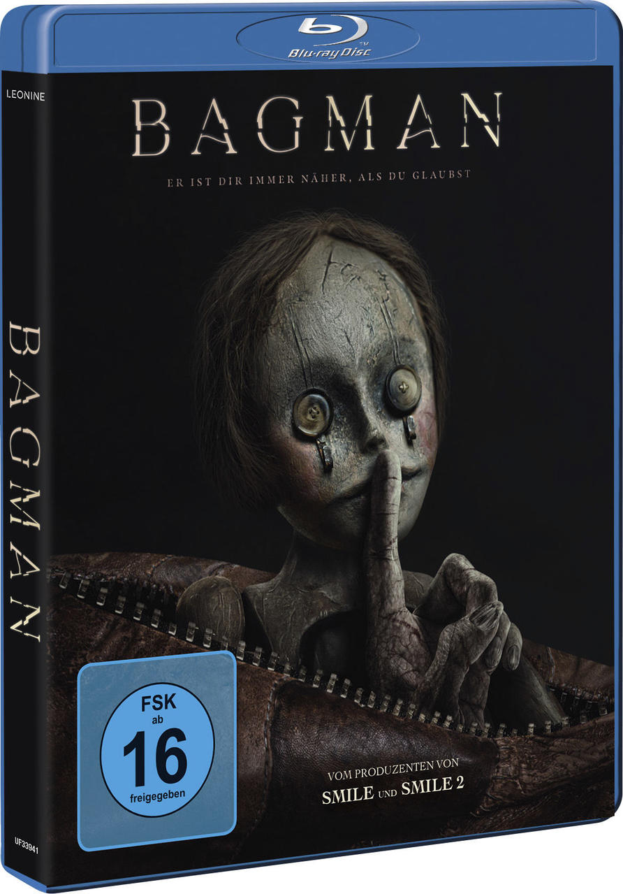 Filmcover von 'Bagman' Blu-ray. Puppe mit Reißverschlussmund und Hand am Mund.
