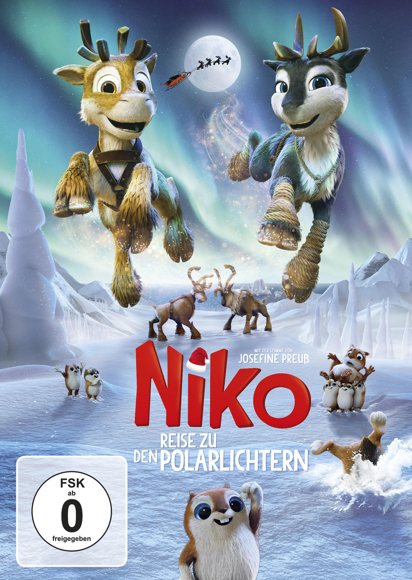 Filmcover von Niko: Auf dem Weg zu den Polarlichtern. Animierte Rentiere und Waldszene, mit Text.