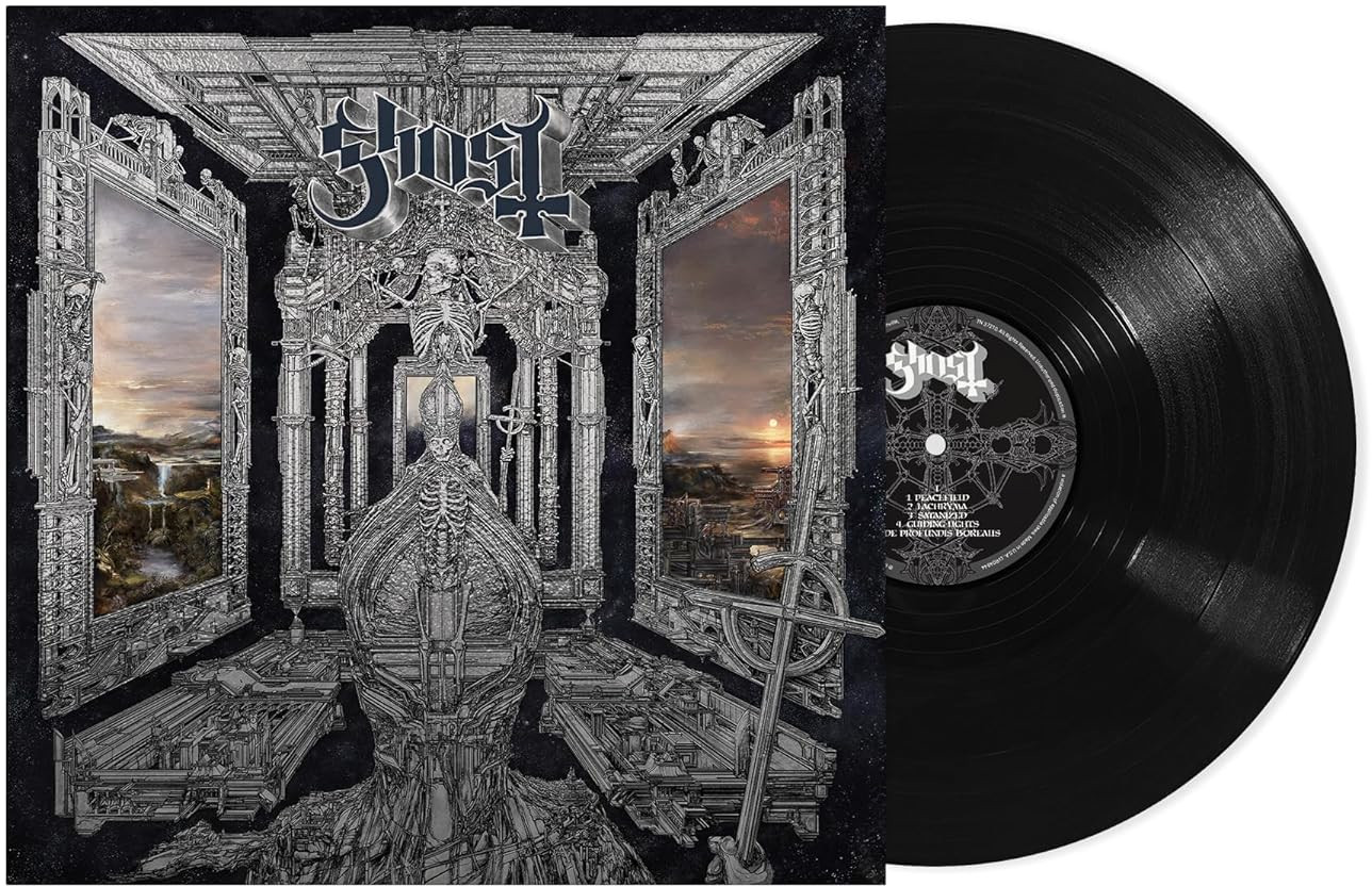 A Ghost album borítója. Fekete bakelit lemez jobbra. Részletes gótikus kép a háttérben.