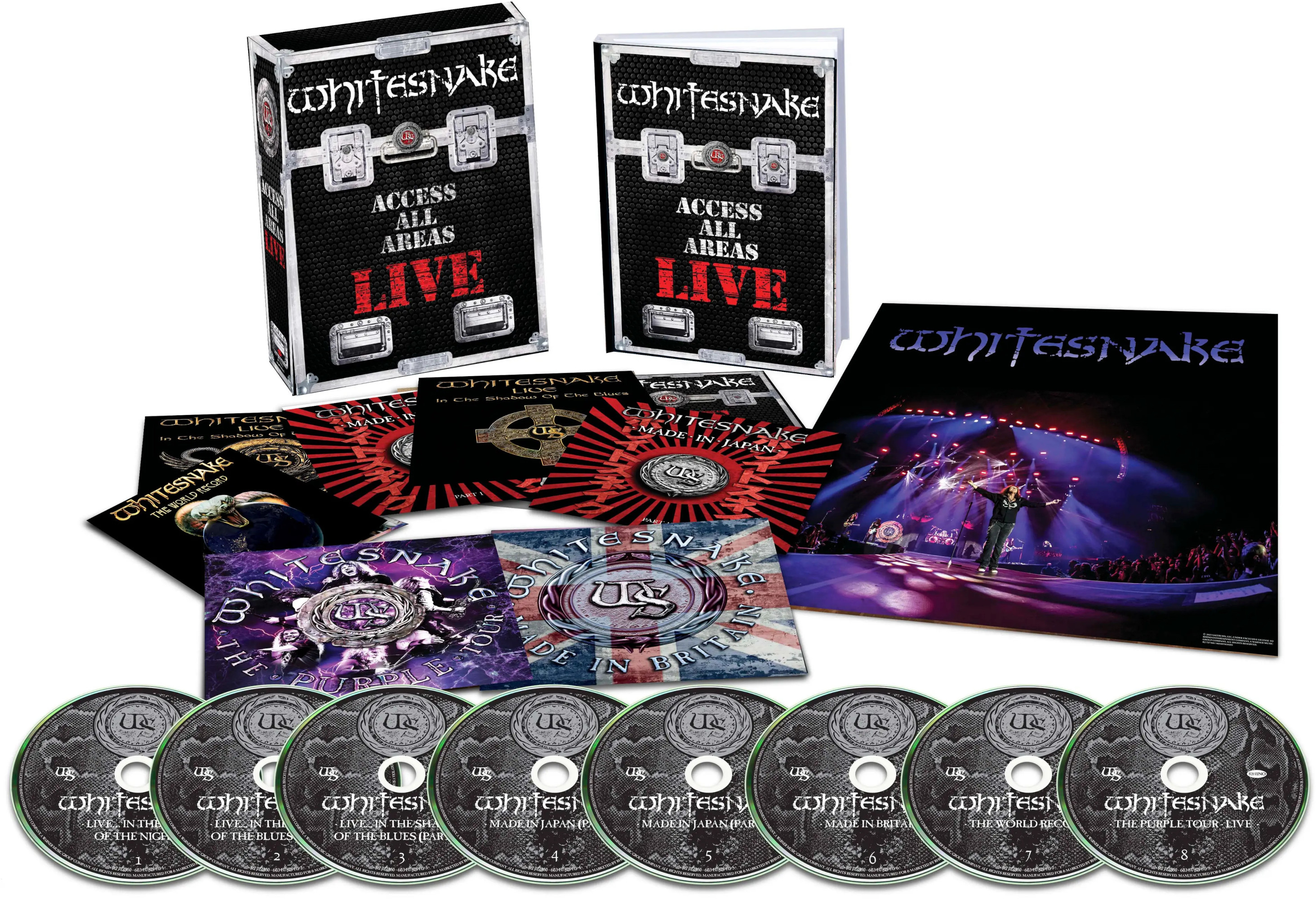 Whitesnake zenei albumok és CD-k egy láda alakú dobozban.