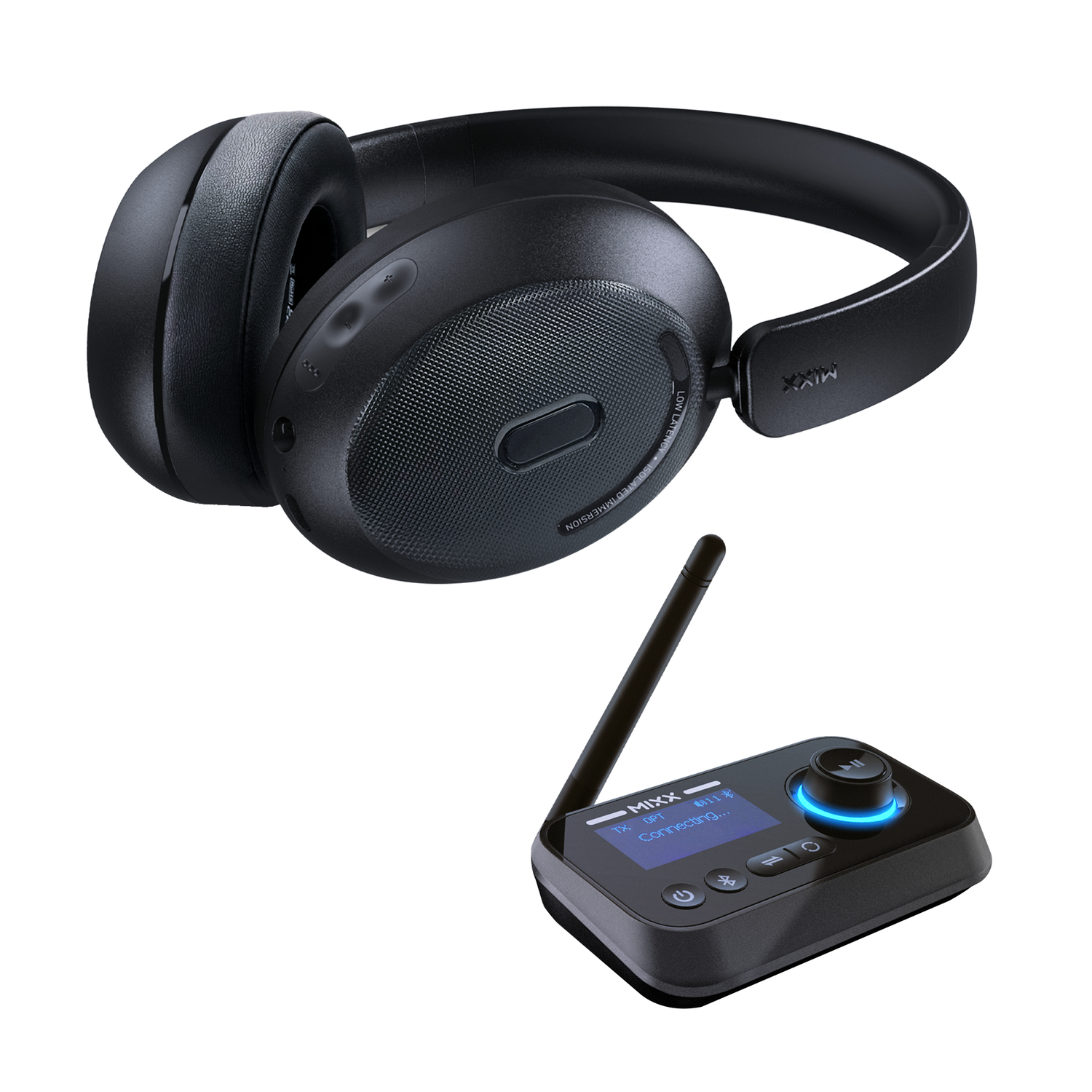 Black headphones and a black audio transmitter. The headphones are over-ear style. The transmitter has a screen and controls. Both are on white.