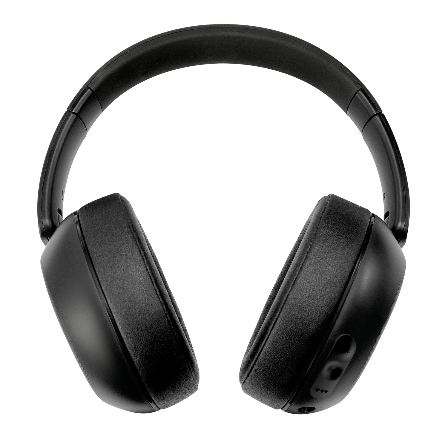 A pair of black headphones, seen from the front. The headband arches over the top, with large earcups on either side.