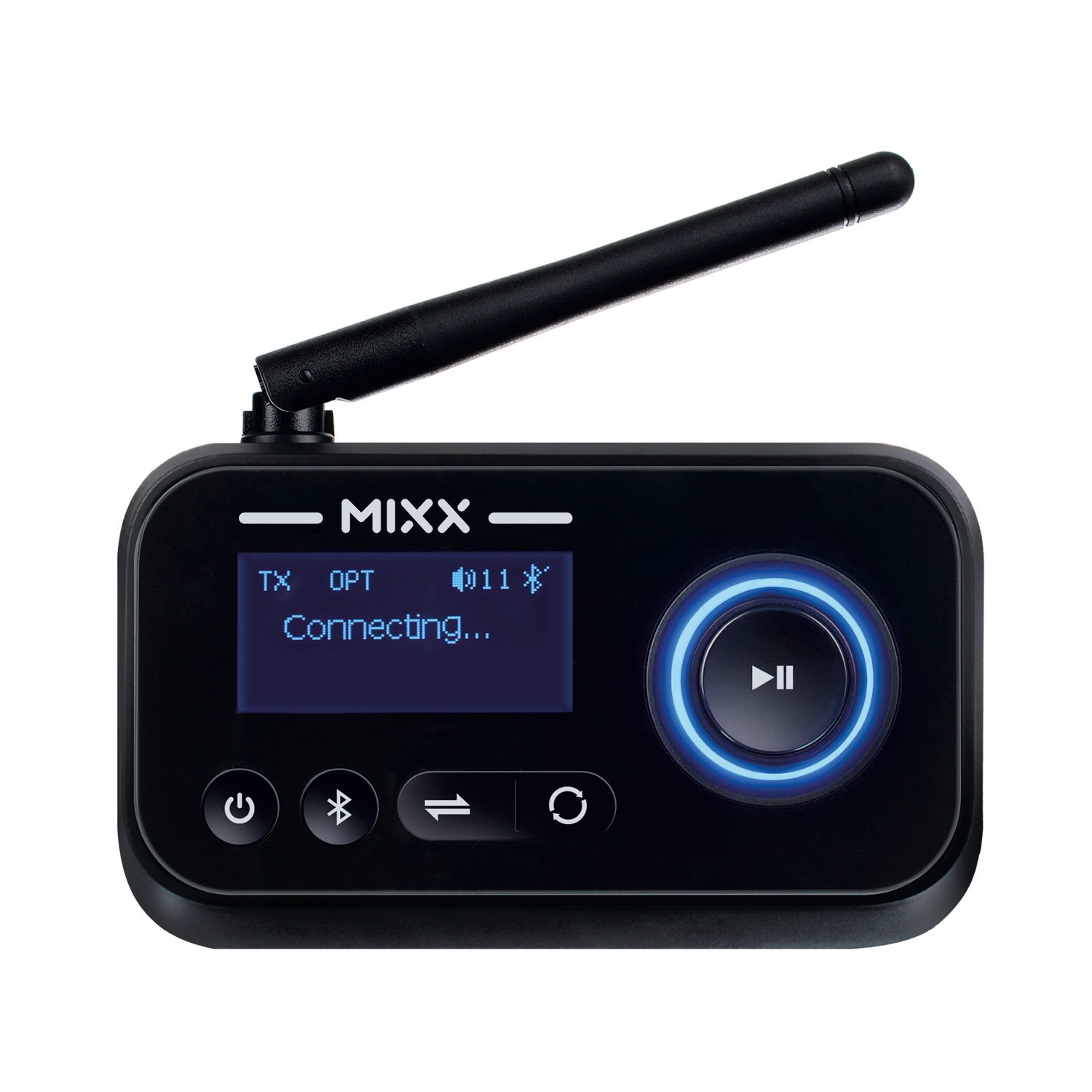 Black MIX audio device with antenna, screen showing 'Connecting...'. Has power, Bluetooth, and play/pause buttons.