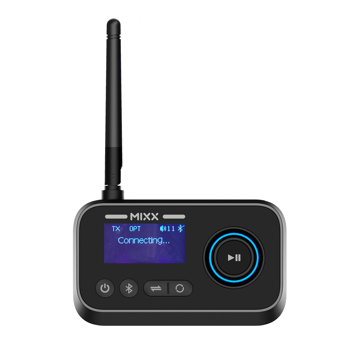 Black MIX device with antenna. Screen says "Connecting...". Has power, bluetooth, and play/pause buttons. Isolated on white.