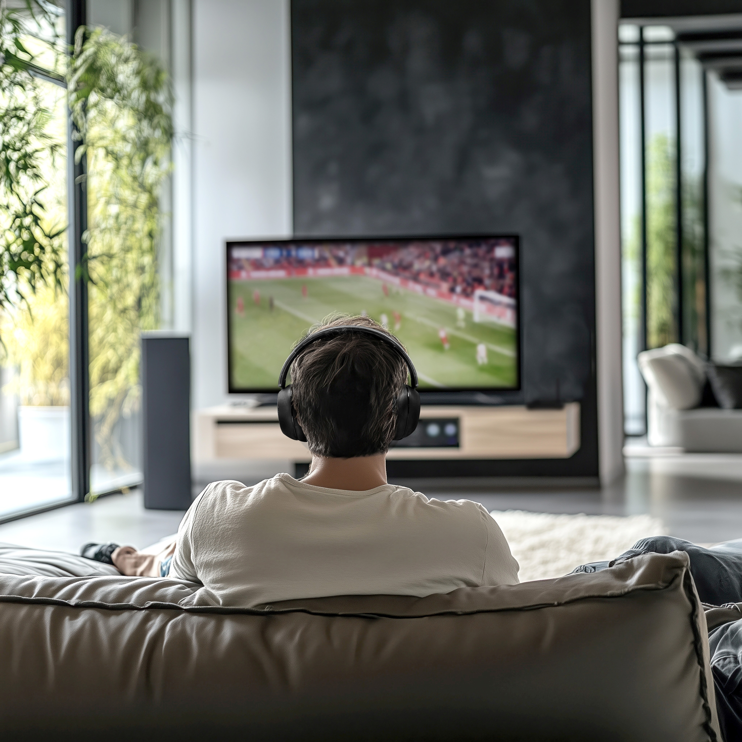 A person wearing headphones watches TV, showing a soccer game, from a couch. The room is modern with large windows and plants.