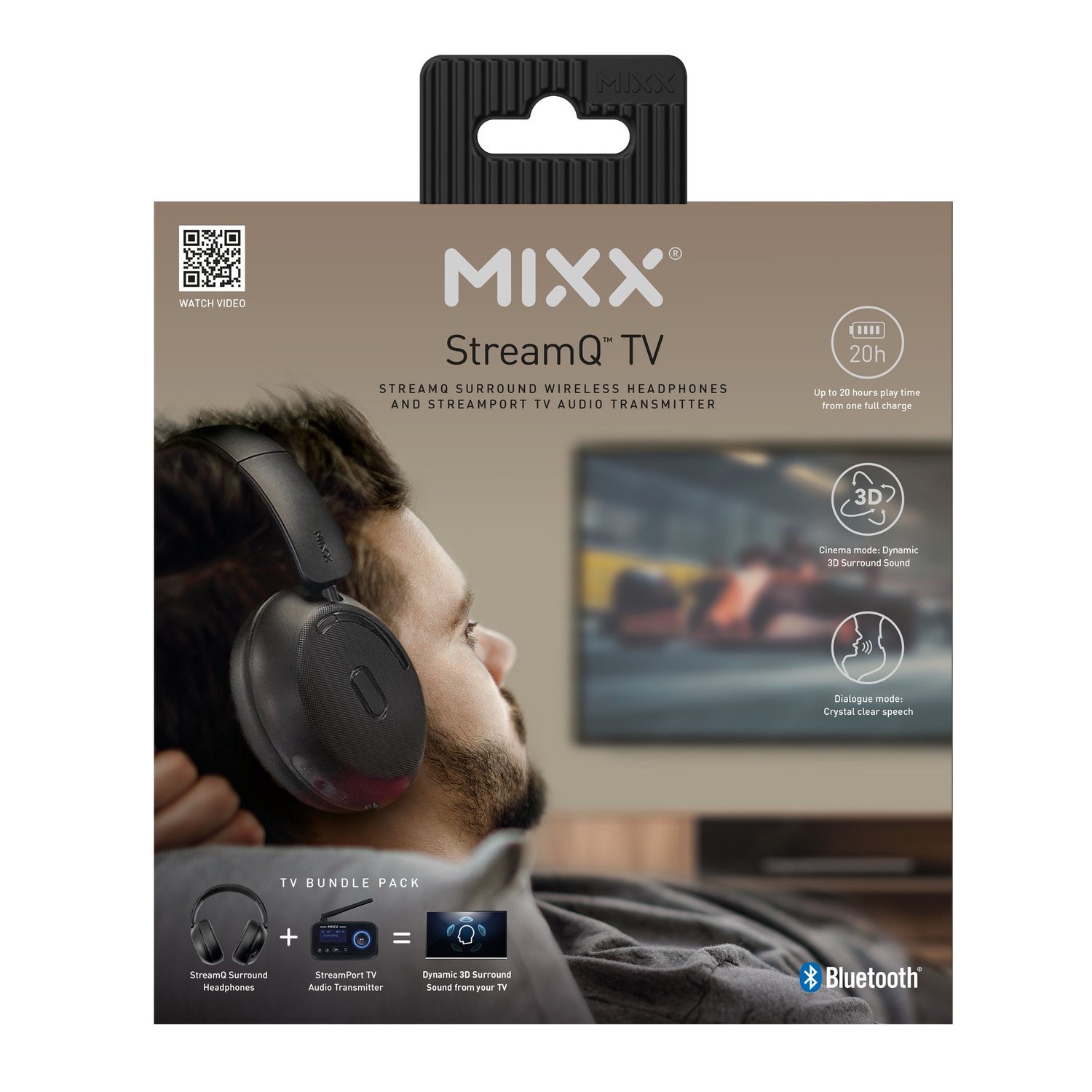 A man wearing black headphones is watching TV. The packaging says StreamQ TV, with features like 3D sound and Bluetooth.