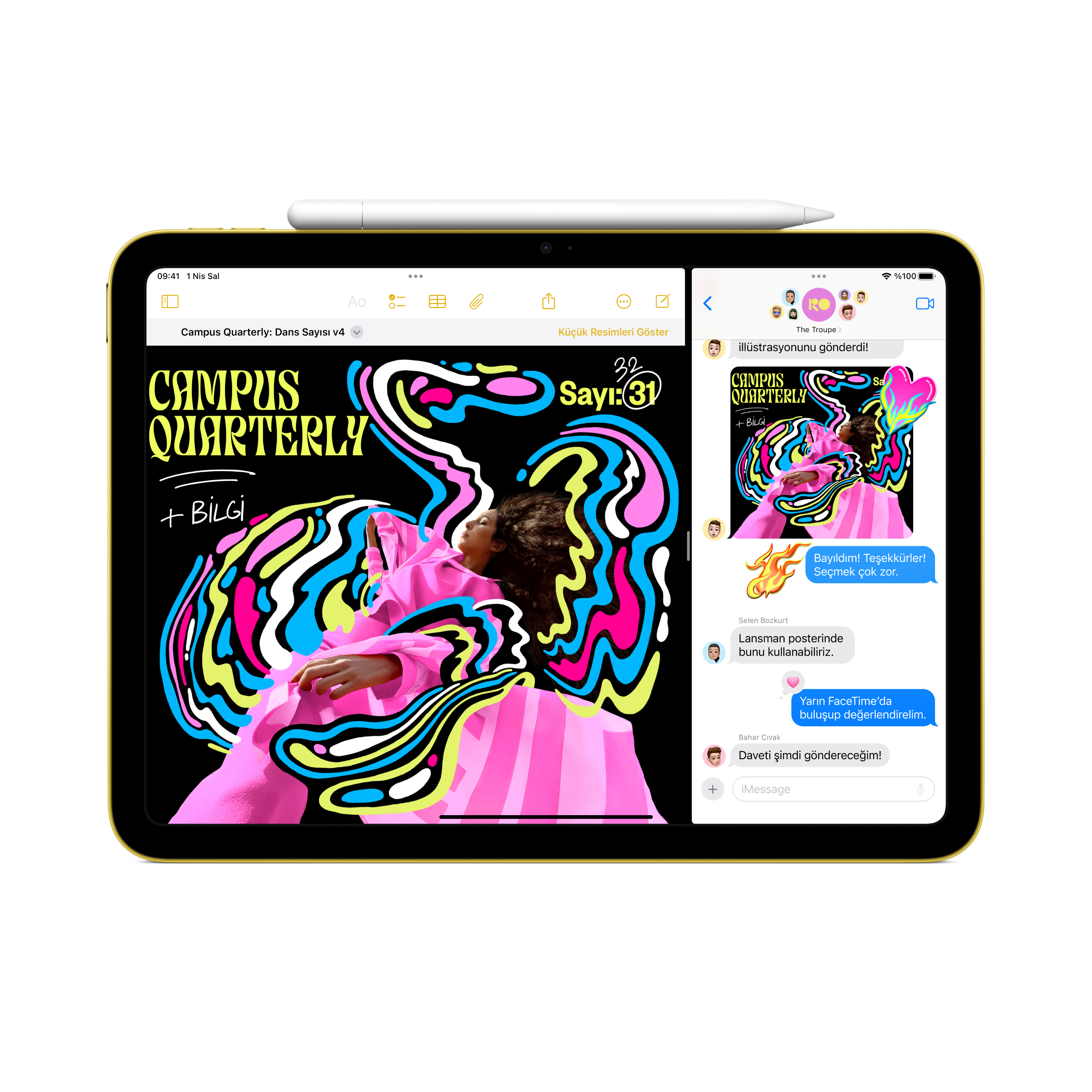 Sarı tablet, renkli grafikler ve sohbet mesajları içeren bölünmüş bir ekranı gösterir.