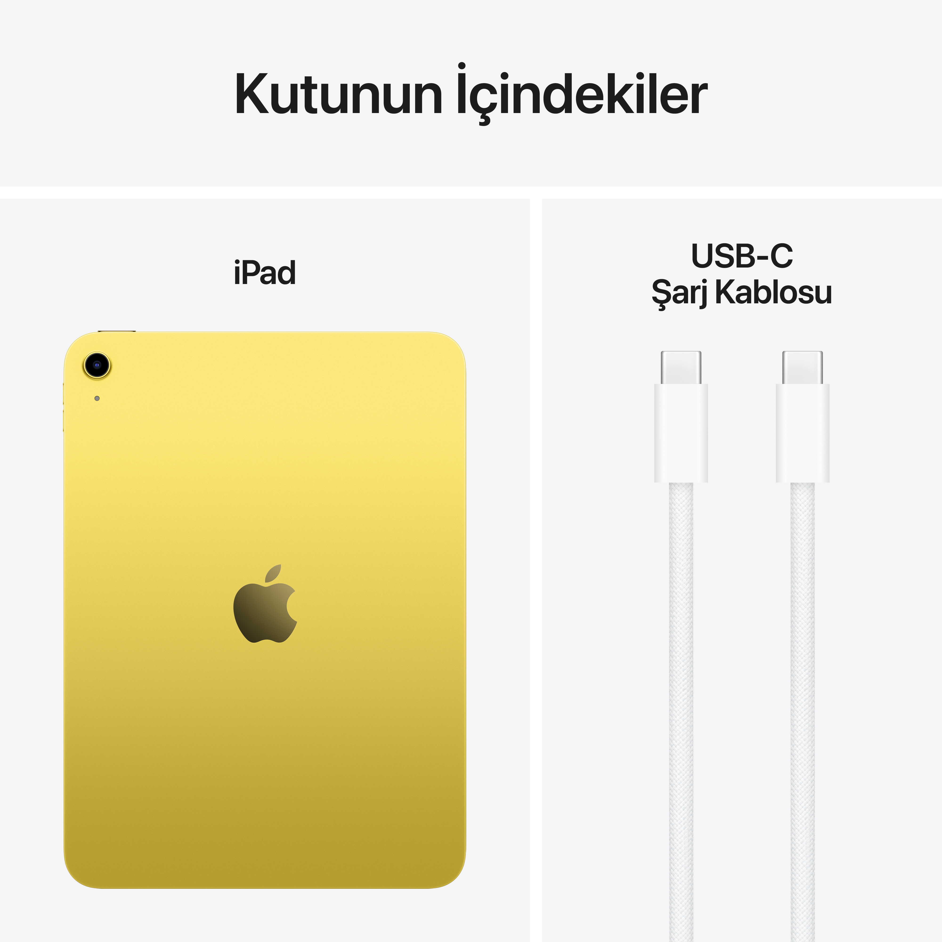 Sarı iPad ve iki beyaz USB-C şarj kablosu.