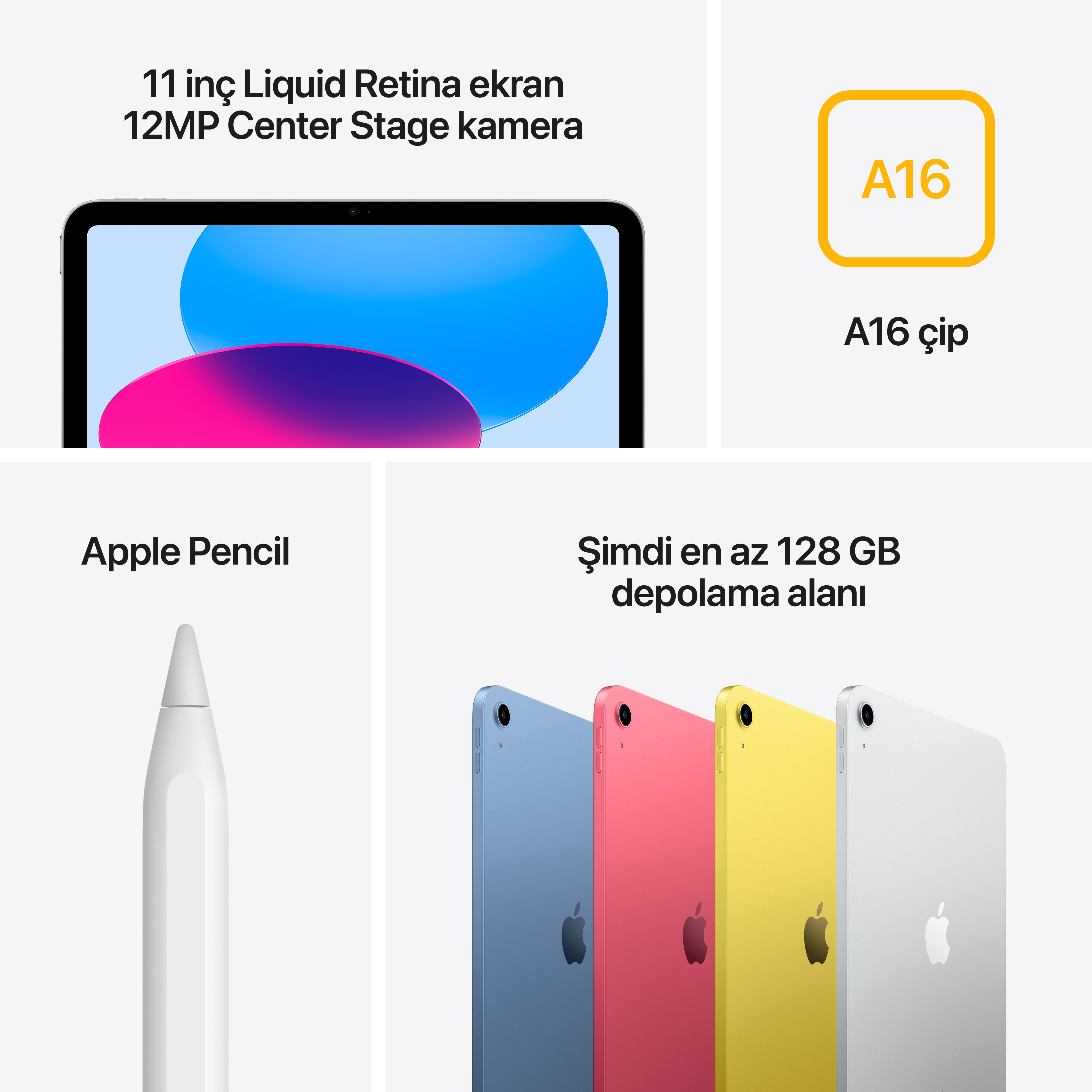 iPad, Apple Pencil ve A16 çipi dahil olmak üzere özellikleri açıklayan metin içeren renkli iPad'lerin bir görüntüsü.