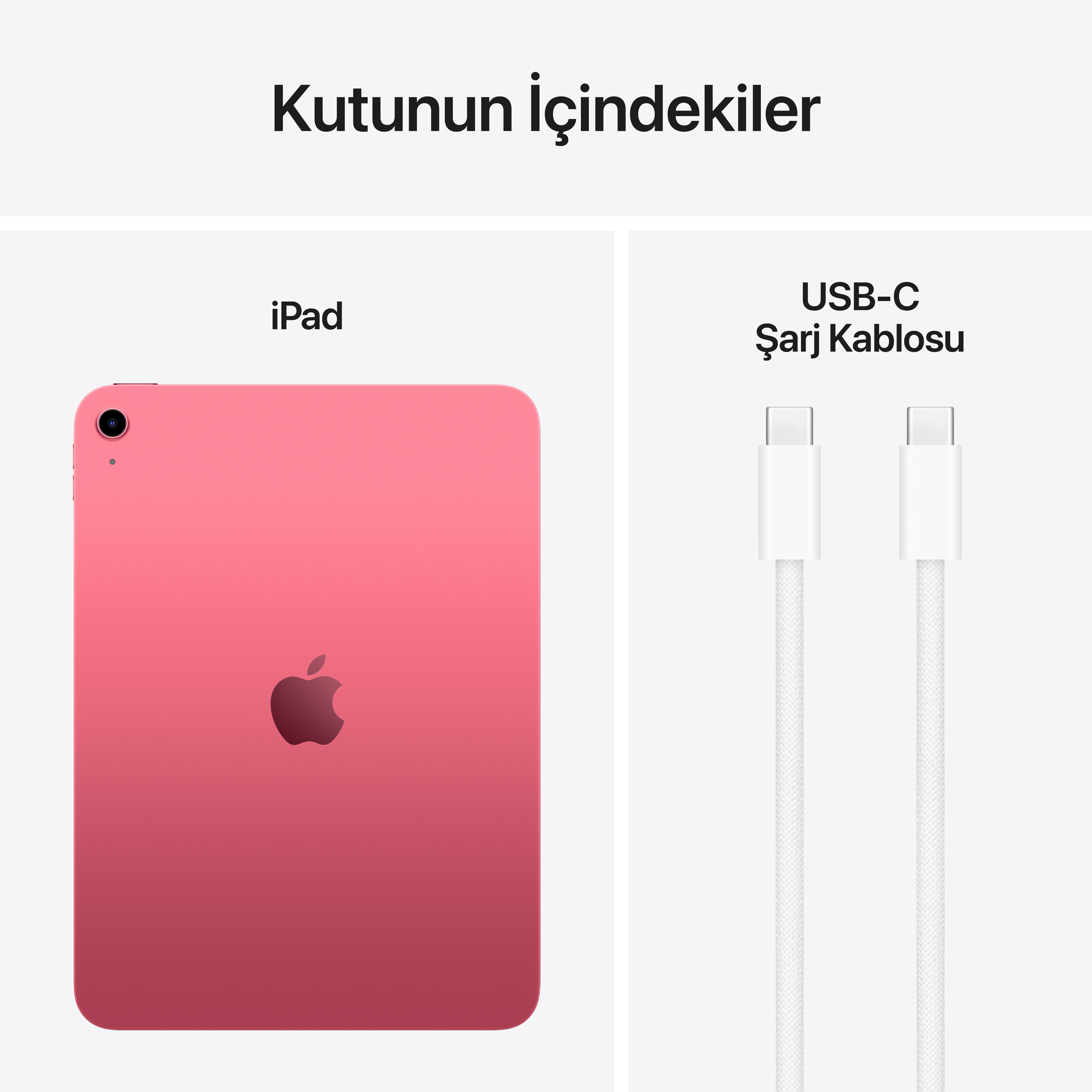 Pembe iPad ve USB-C şarj kablosu, beyaz zemin üzerinde izole edilmiş.