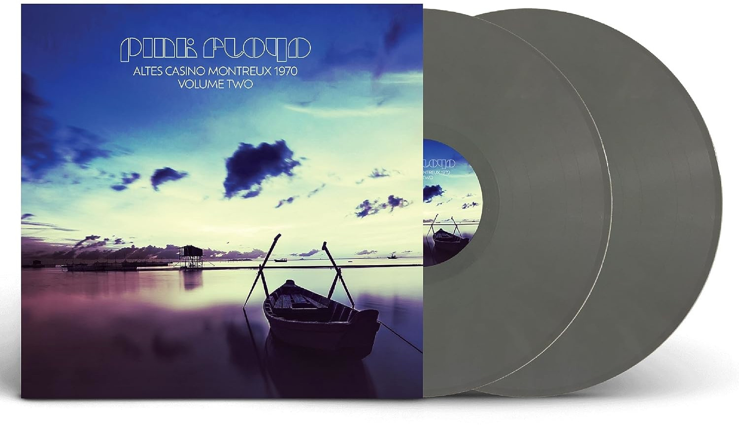 Pink Floyd lemezborító hajóval a tavon. Két szürke vinyl lemez.