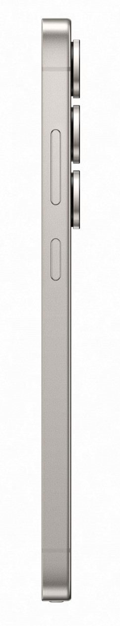 Widok z boku srebrnego telefonu z trzema aparatami. Przyciski z boku. Białe tło.