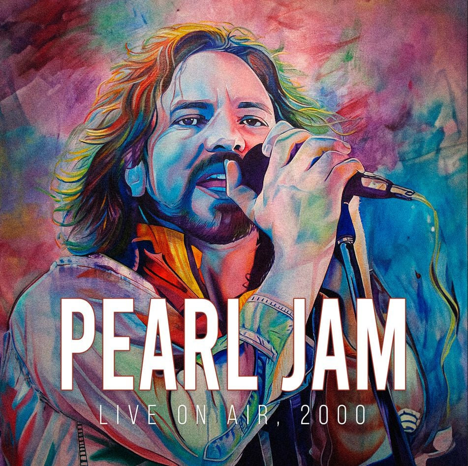 Pearl Jam live on air 2000 album borítója. Egy színes portré egy éneklő férfiról.
