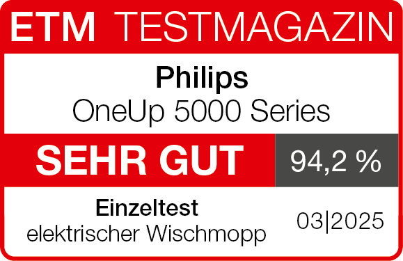 ETM TESTMAGAZIN Label, Philips OneUp 5000 Serie, mit 94,2% Bewertung und Testdatum.