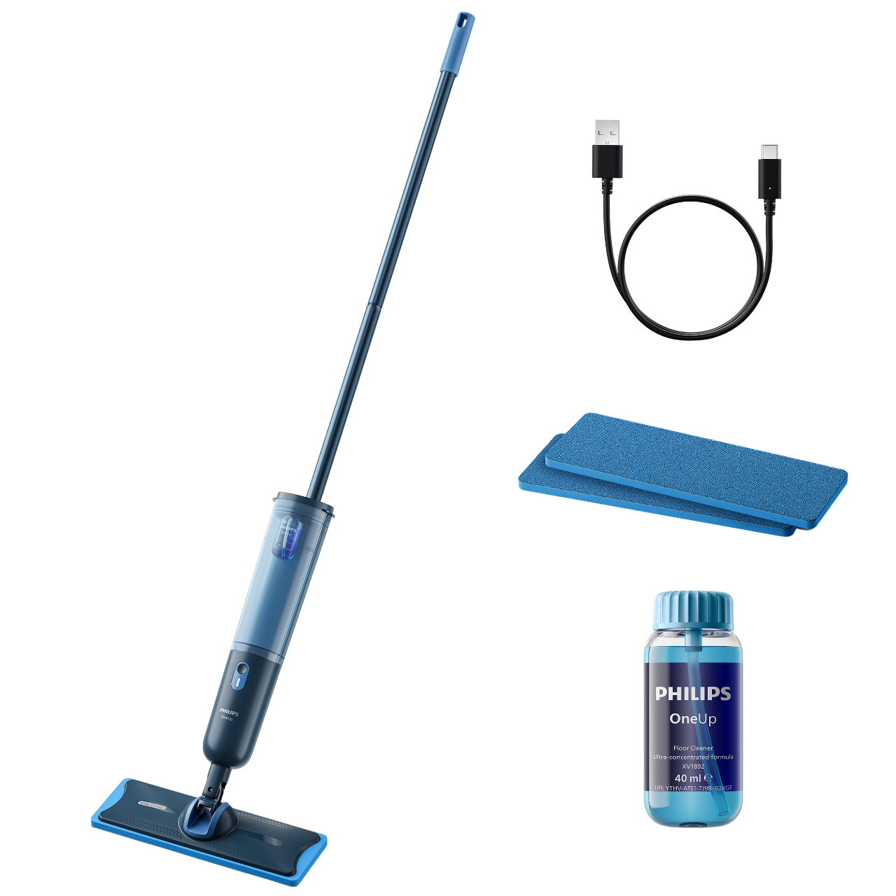 Blauer und silberner Sprühwischer mit Zubehör und Reinigungslösung.