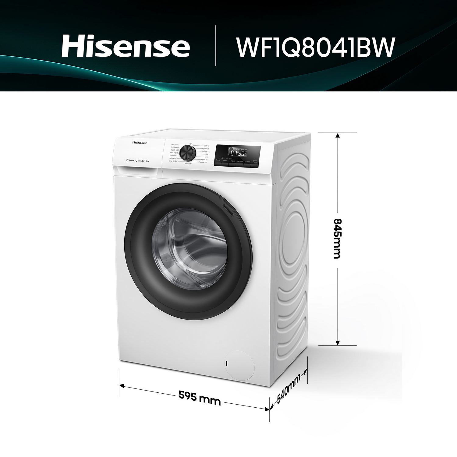 Lavadora Hisense blanca con puerta negra. Dimensiones: 595mm ancho, 845mm alto y 540mm profundo.