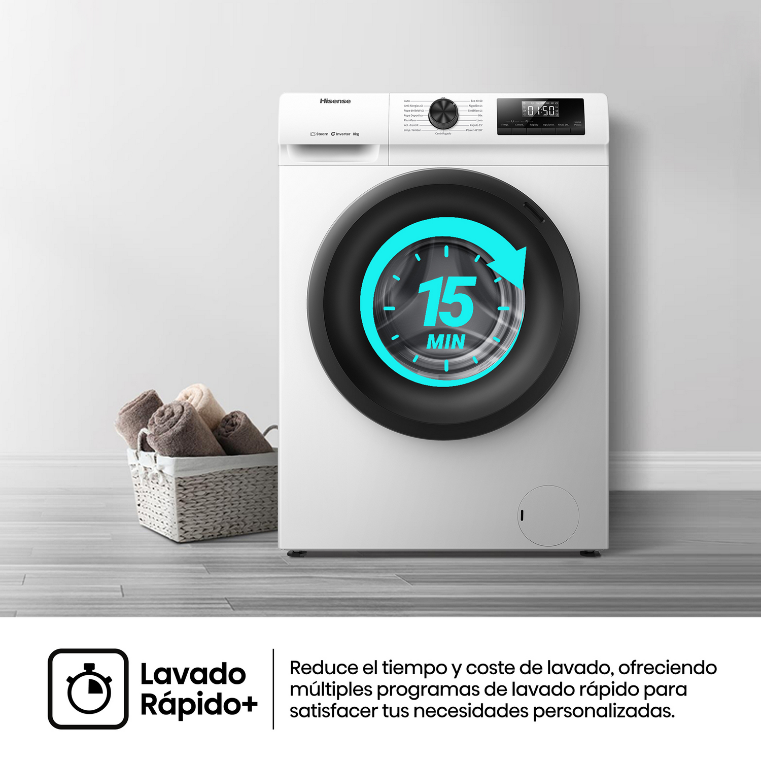 Lavadora blanca con puerta negra. Temporizador muestra 15 min. Cesta con toallas.