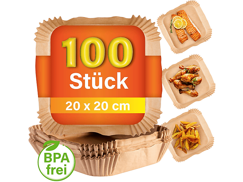 Gourmetmaxx Backpapierschalen 100 Stück, für Heißluftfritteusen 5-7l, 20x20cm