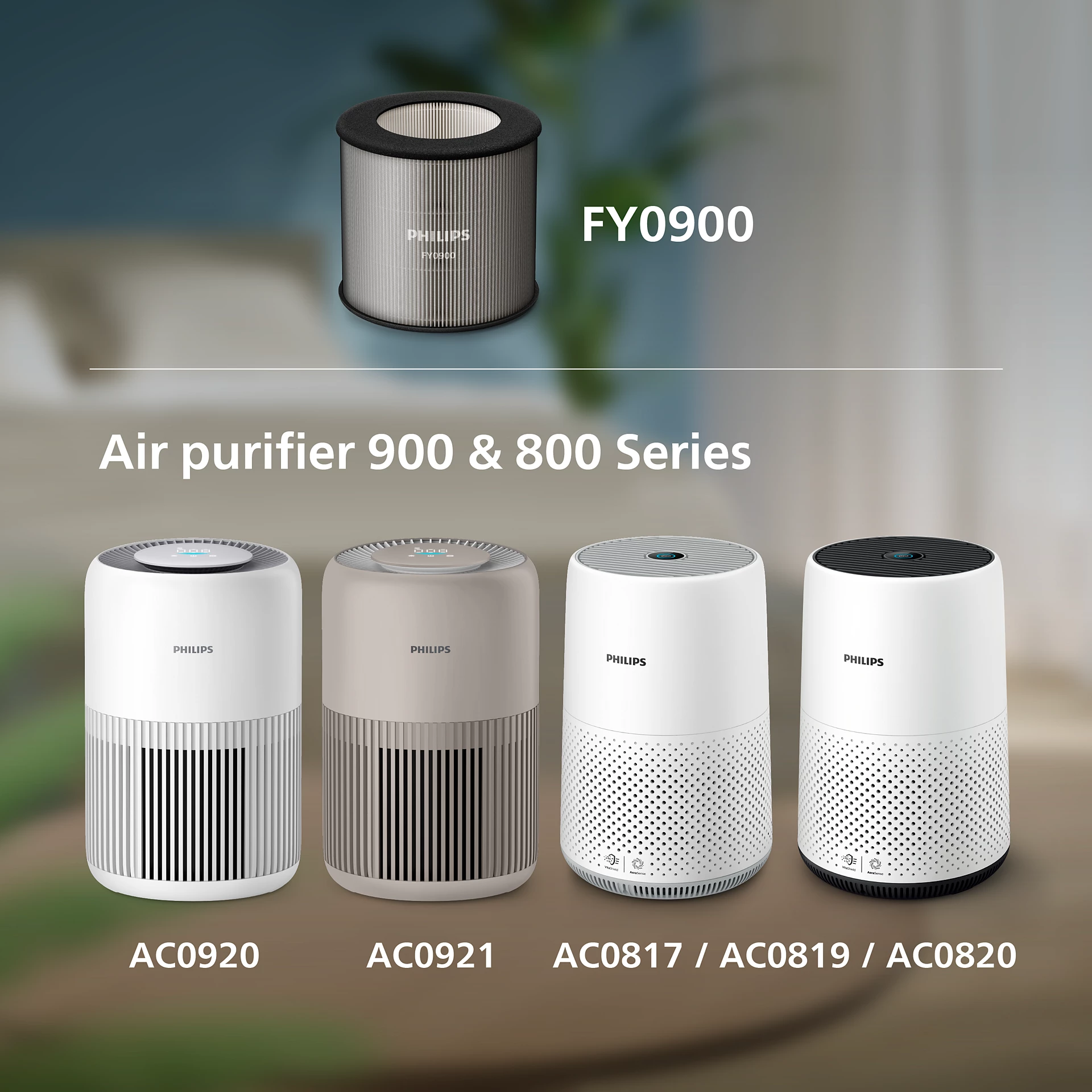 Purificatore d'aria con filtro e tre unità. Bianco e beige, forme e design diversi.