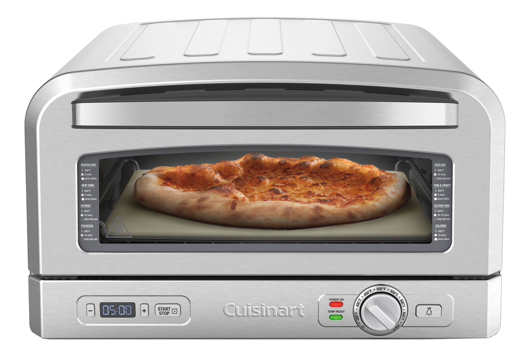 Four à pizza argenté avec une pizza à l'intérieur. La pizza est dorée.