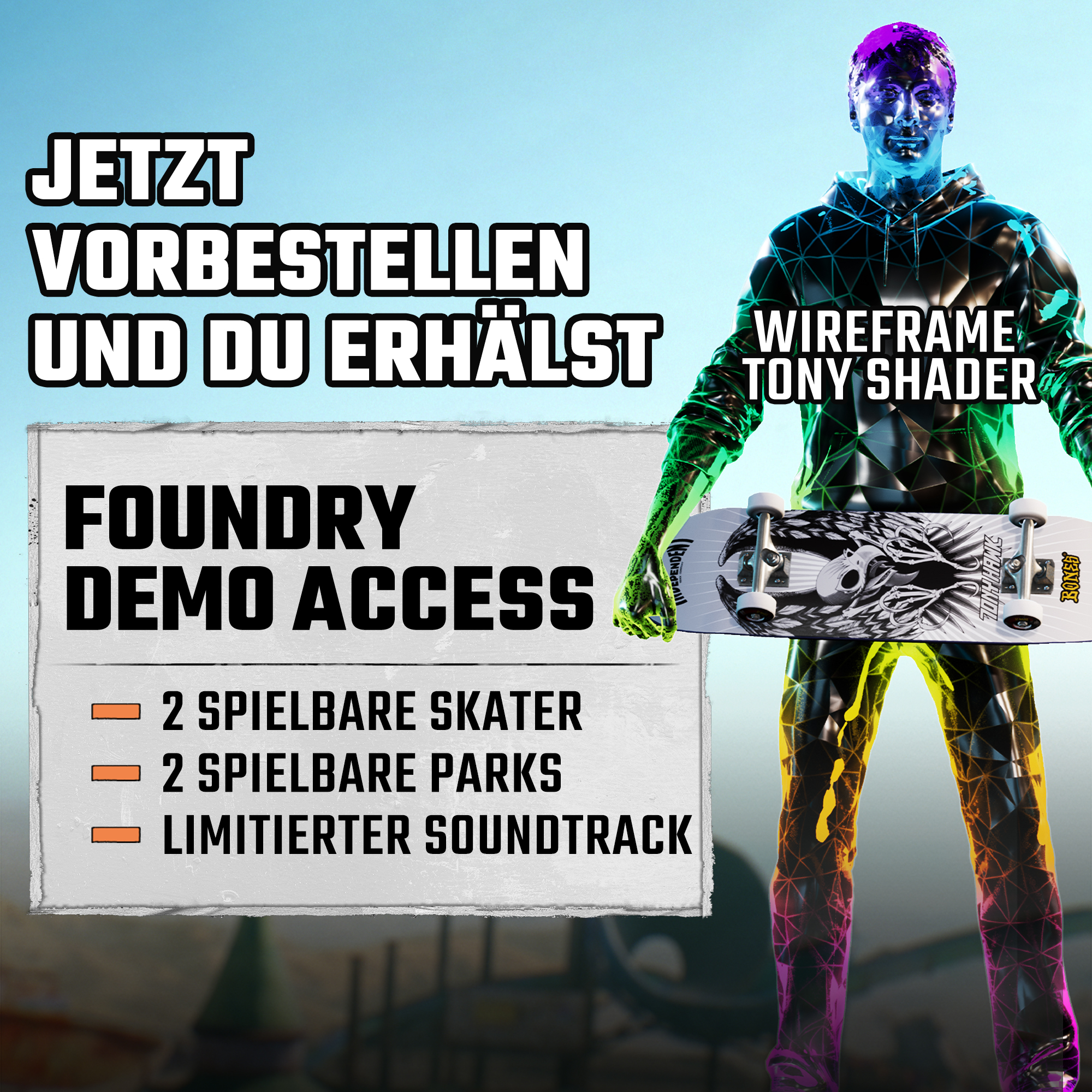 Bild zeigt Skater mit Skateboard, Text wirbt für Demo-Zugang mit mehreren Funktionen.